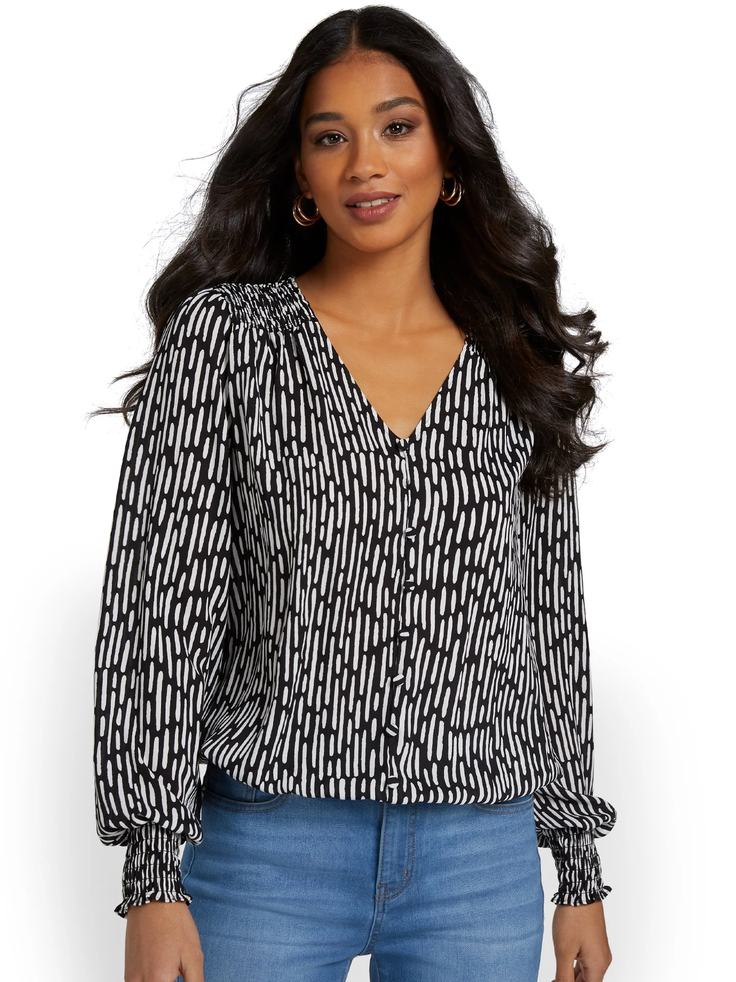 Printed Banded Button-Down Blouse