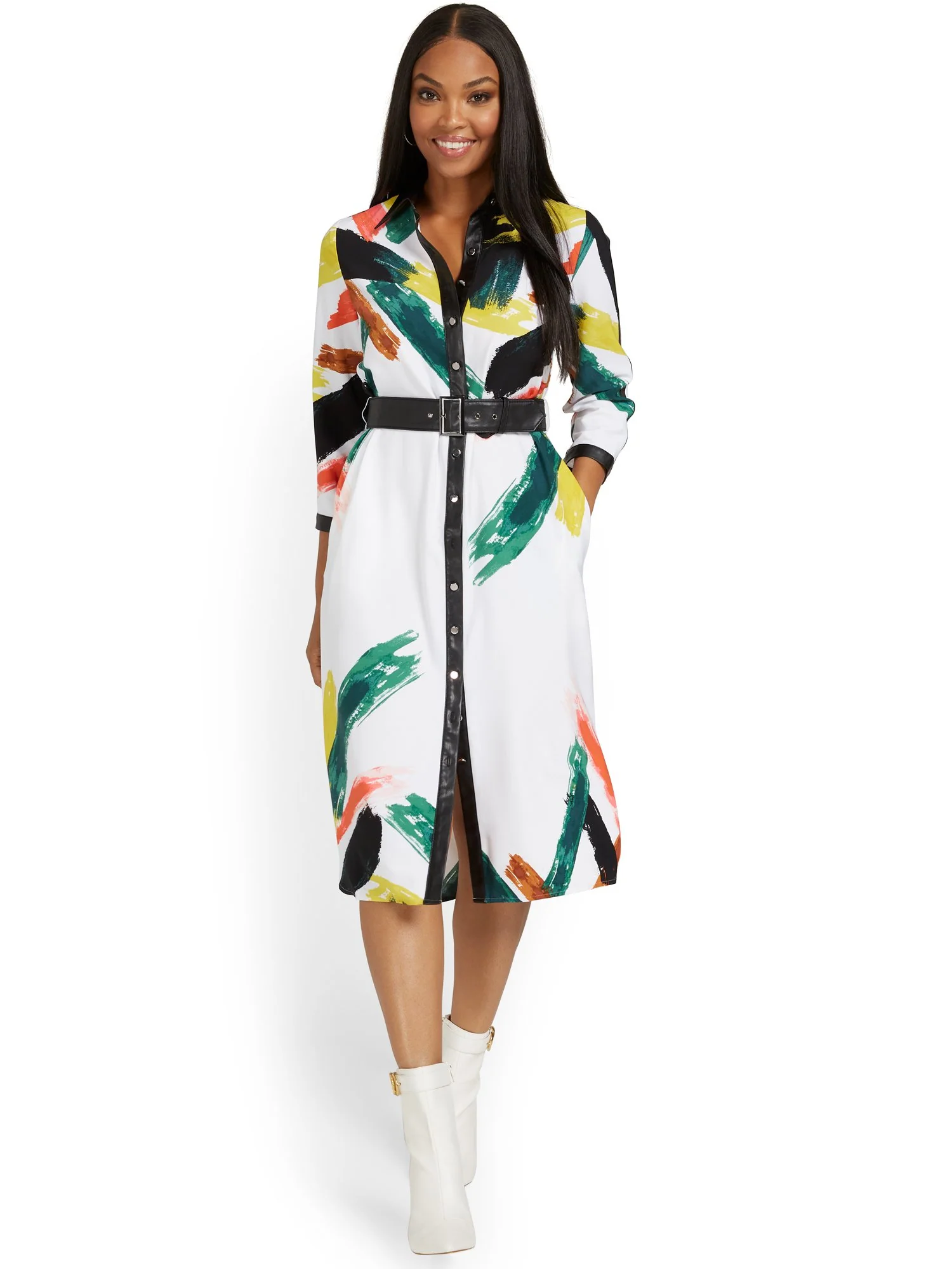 Printed Faux-Leather Trim Shirtdress - Image 2