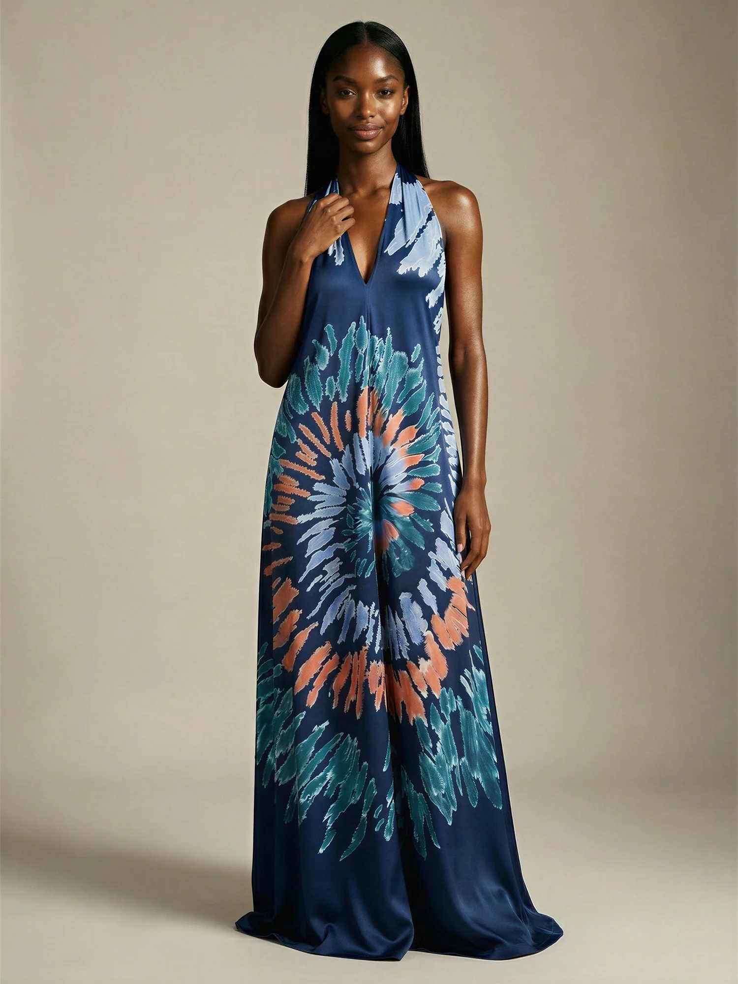 Printed Halter Maxi Dress With Pocket