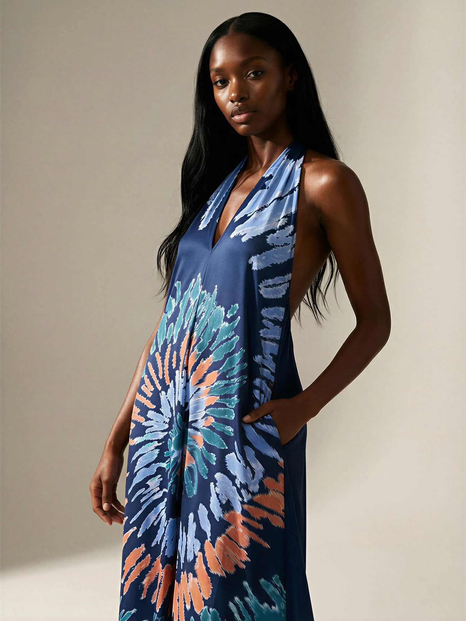 Printed Halter Maxi Dress With Pocket - Image 2