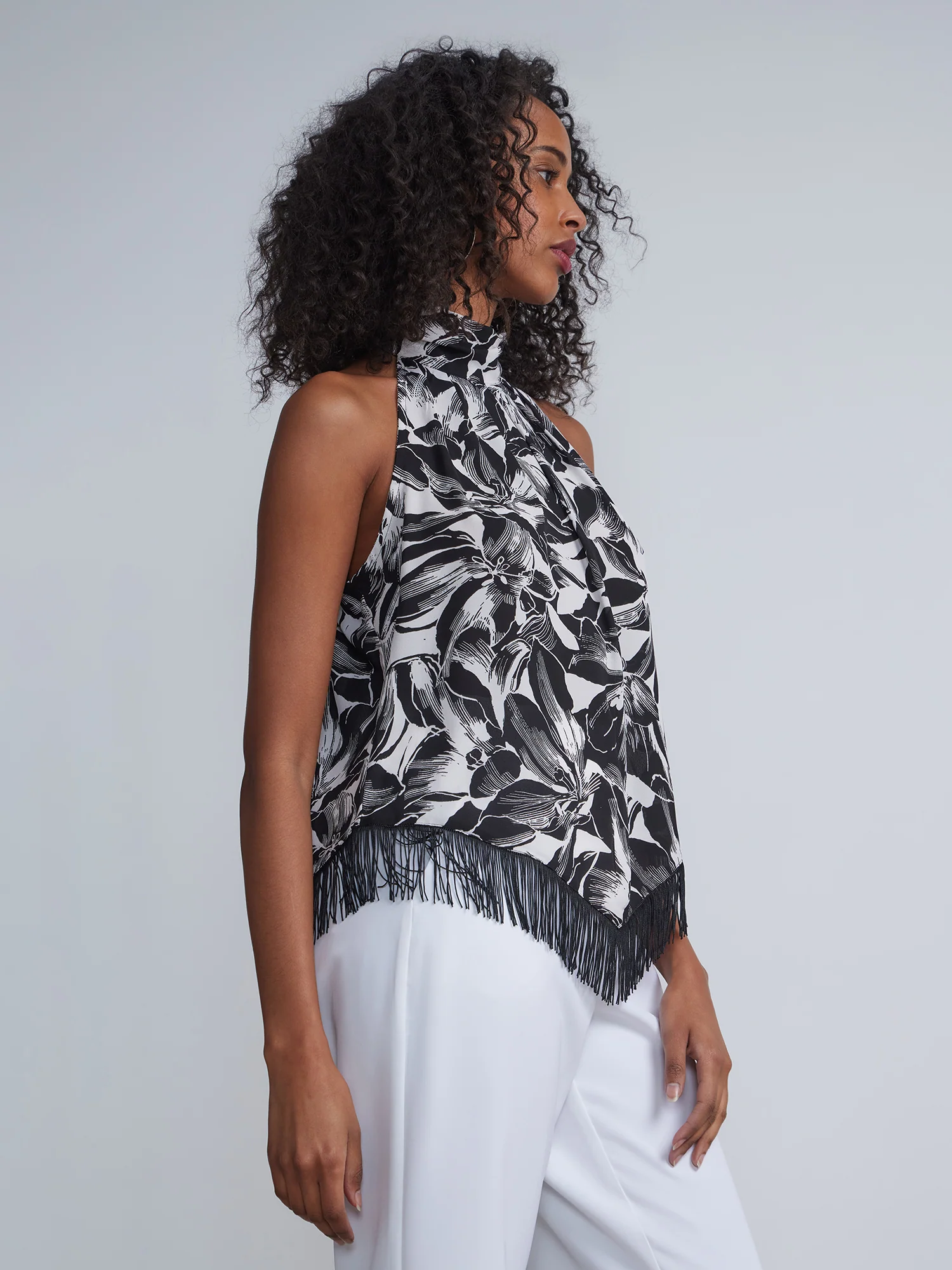 Printed Halter Neck Sleeveless Tassel Trim Top - Image 2