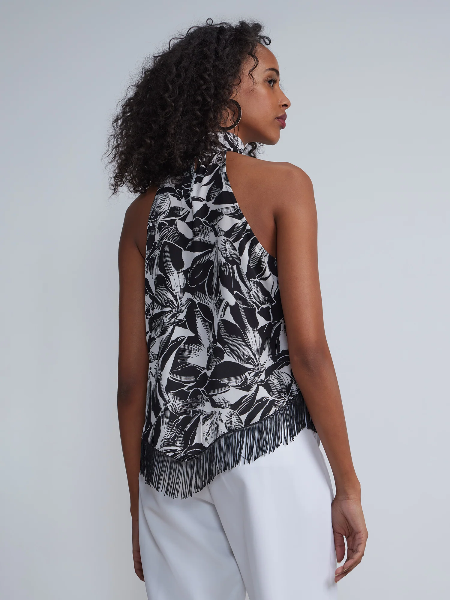 Printed Halter Neck Sleeveless Tassel Trim Top - Image 3
