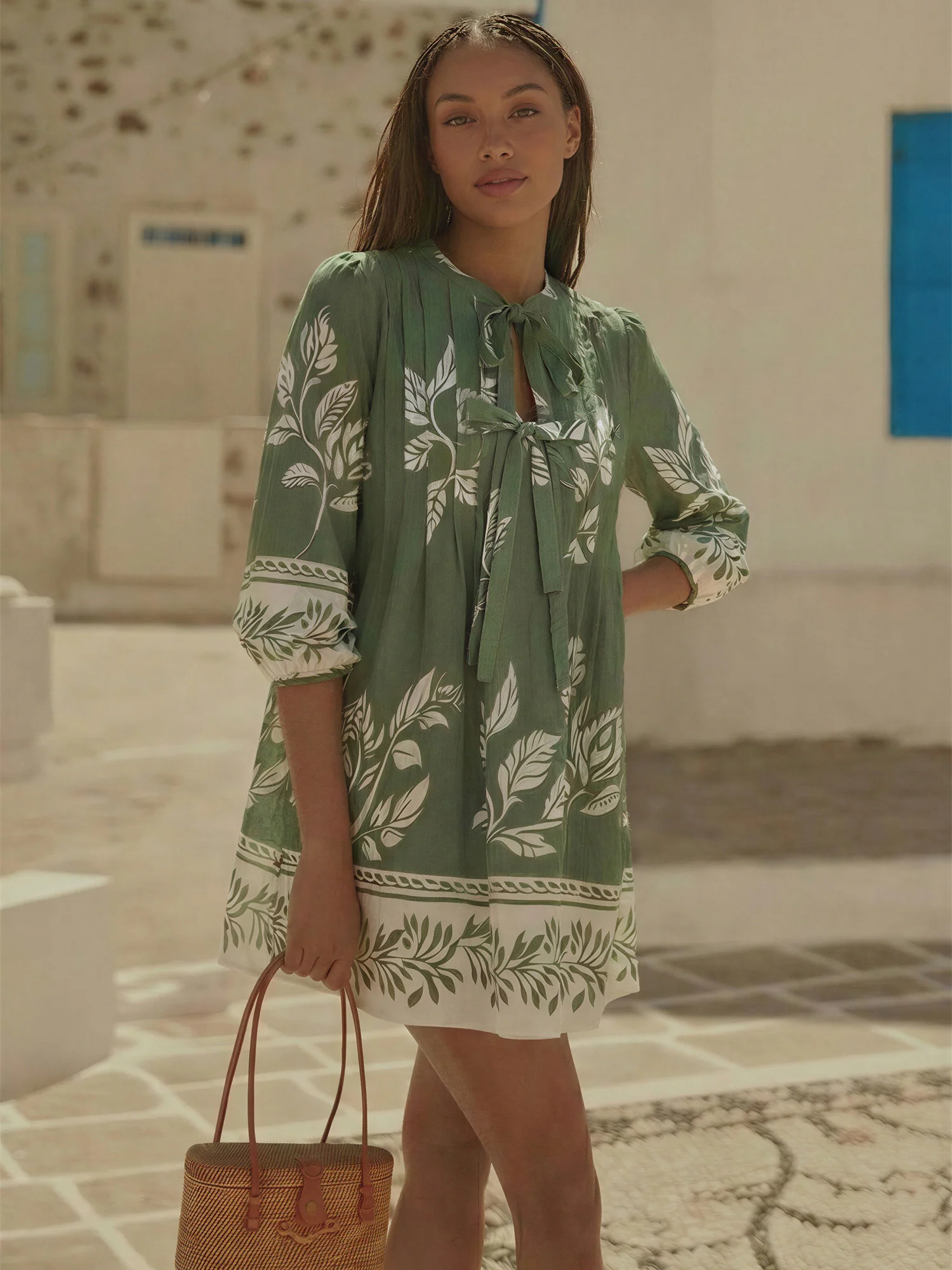 Printed Pleated Tie Front Woven Mini Dress - Image 5