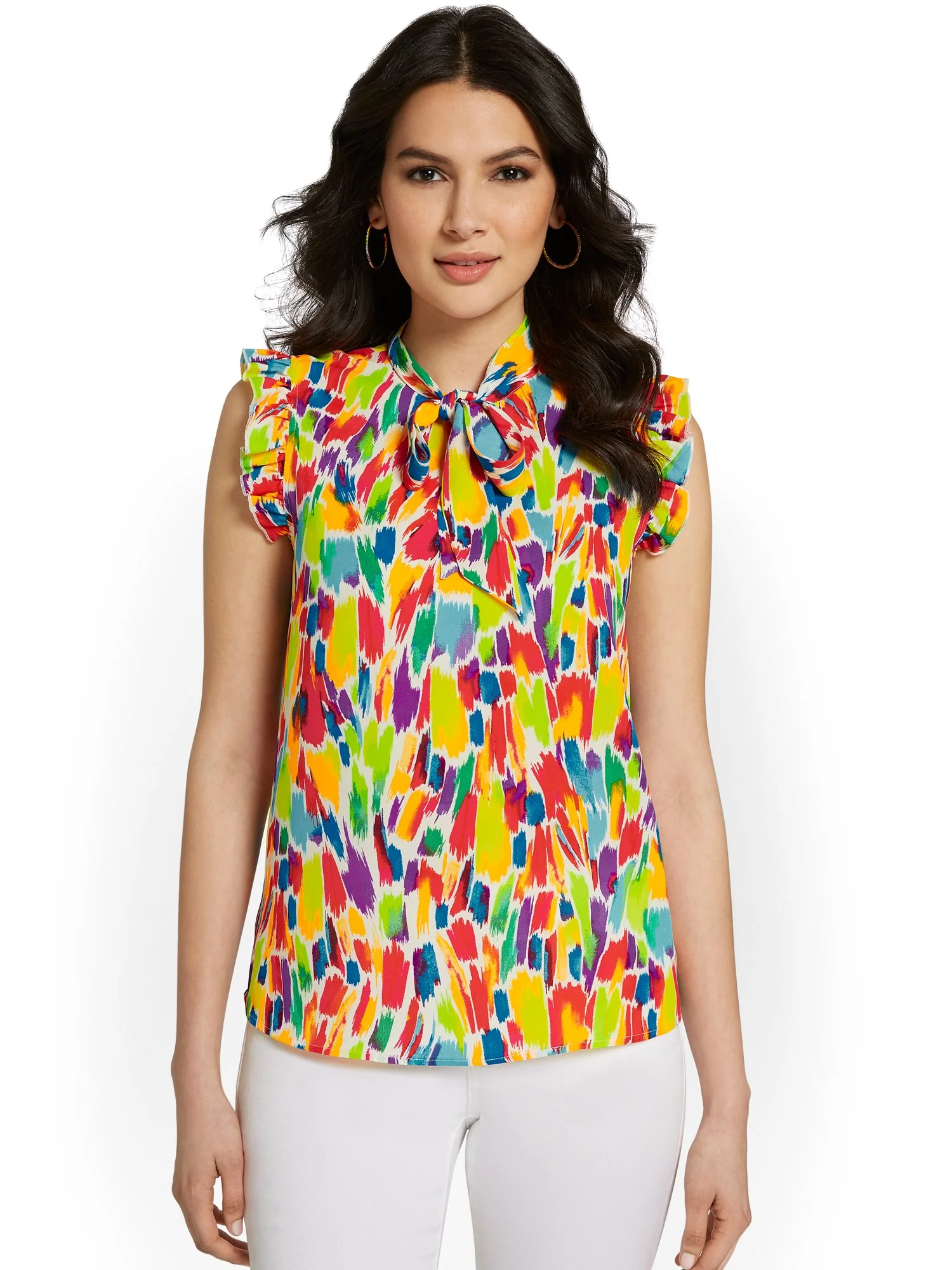 Printed Ruffle-Sleeve Bow-Neck Top