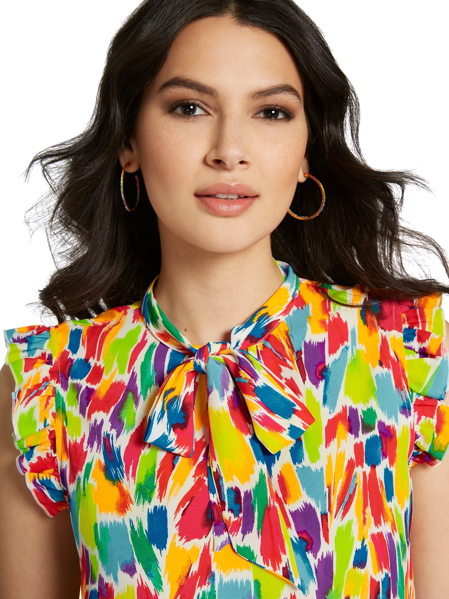 Printed Ruffle-Sleeve Bow-Neck Top - Image 4