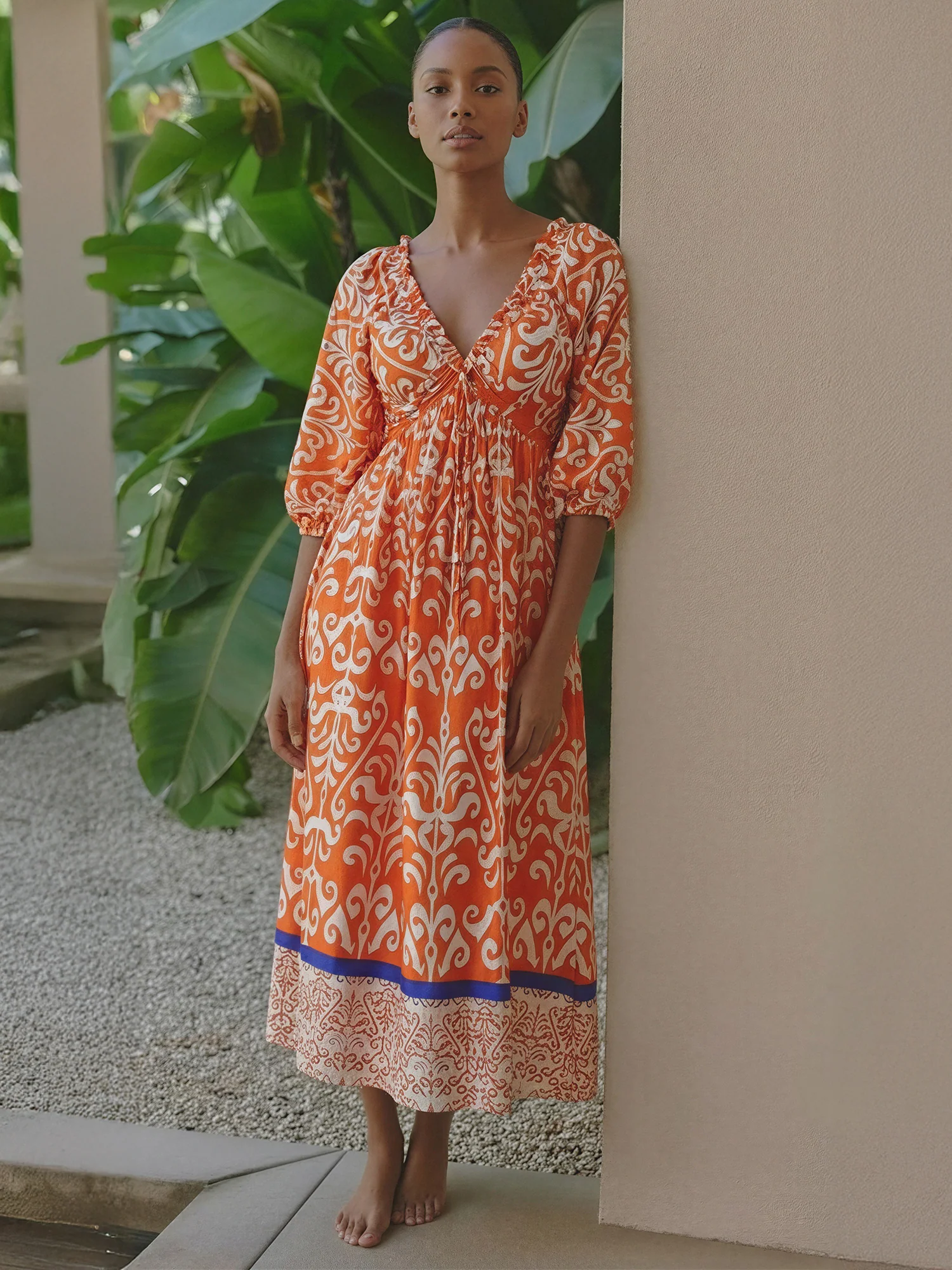 Printed V-Neck Woven Midi Dress With Tie Border Print
