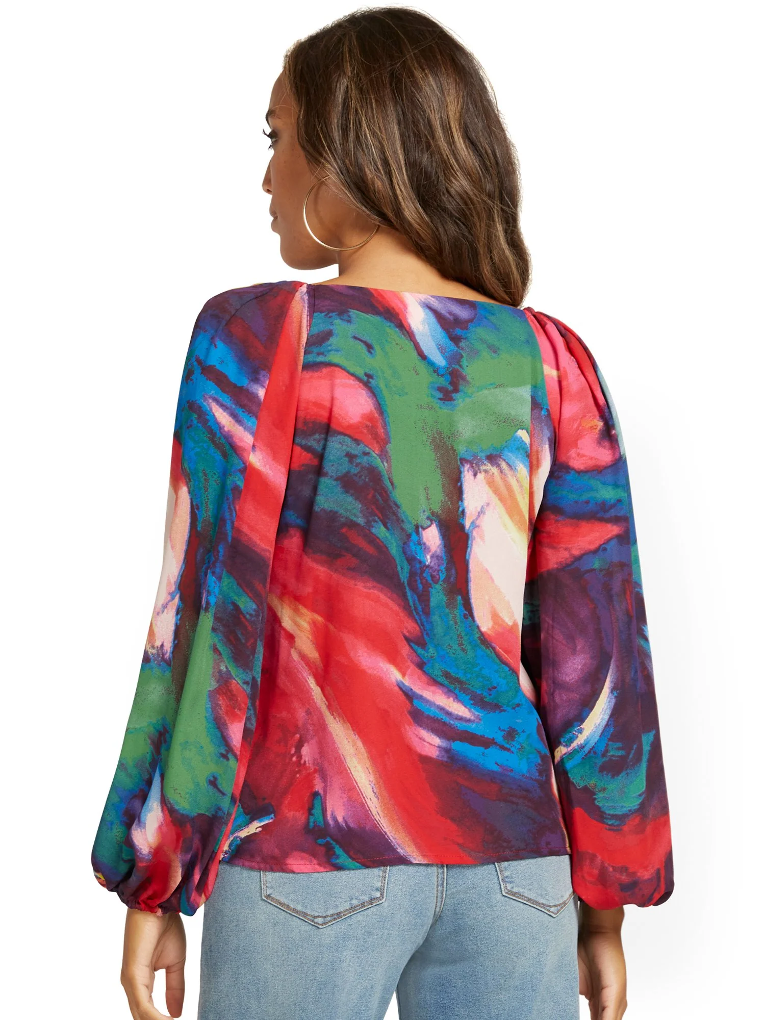 Printed Volume-Sleeve V-Neck Top - Image 3