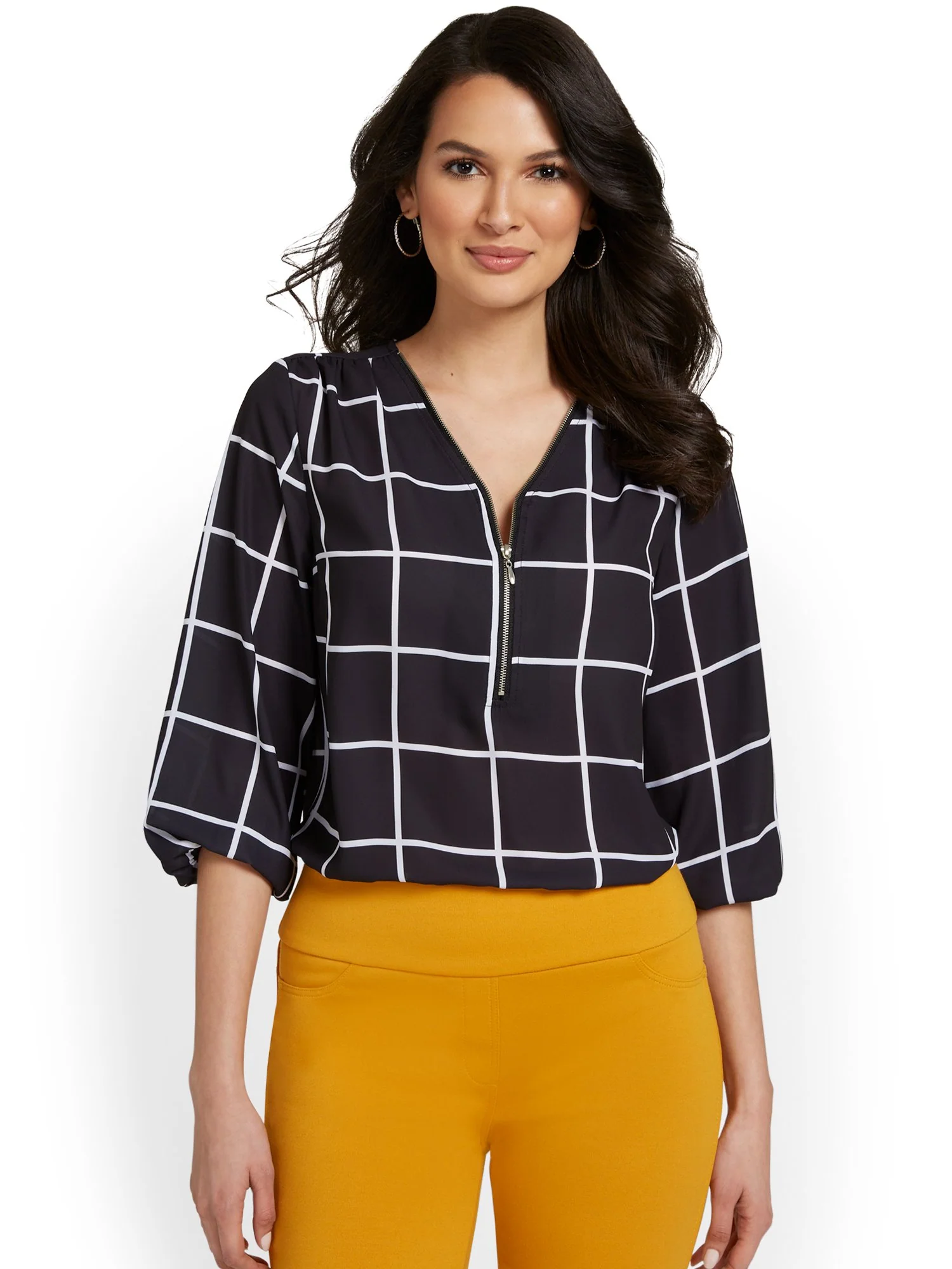Printed Zip-Front Blouse