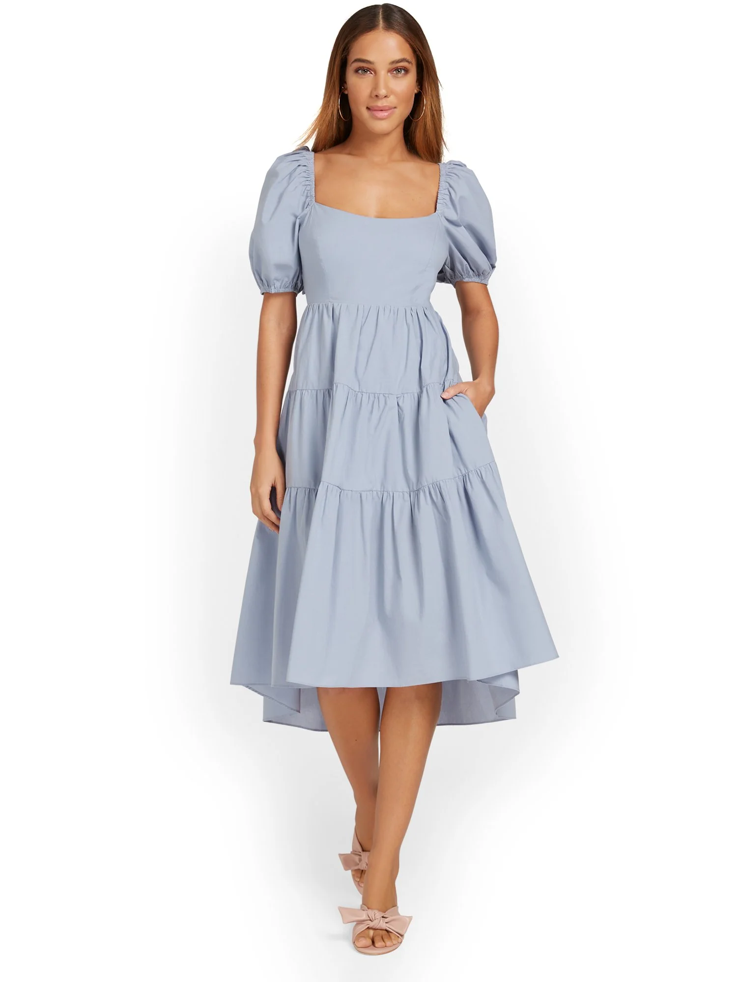 Puff-Sleeve Bow-Back Poplin Midi Dress - Mustard Seed - Image 7