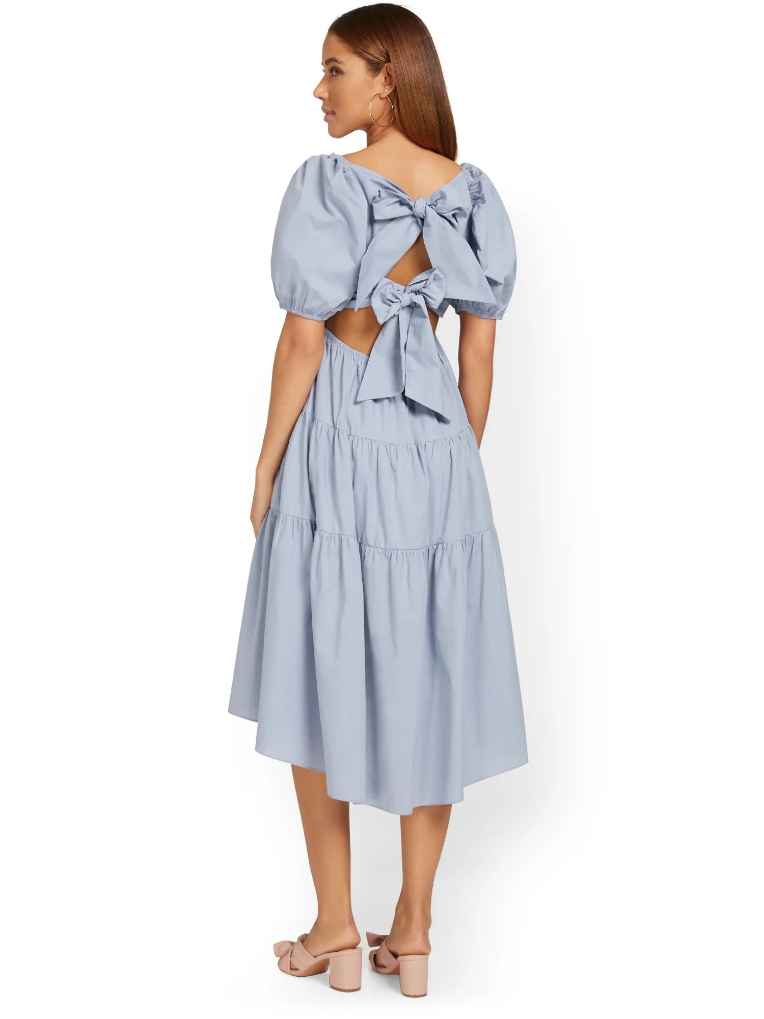 Puff-Sleeve Bow-Back Poplin Midi Dress - Mustard Seed - Image 8