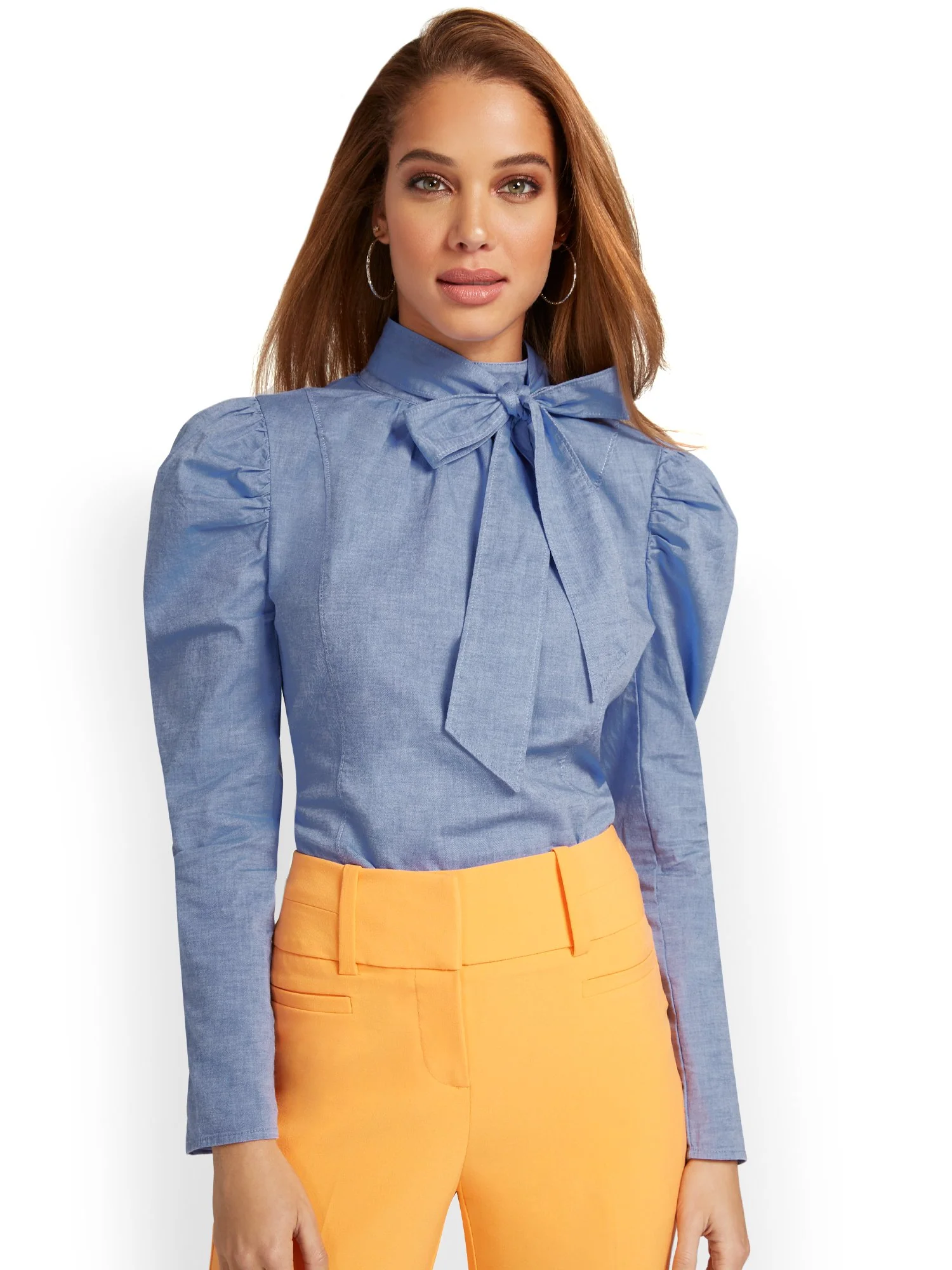 Puff-Sleeve Bow-Neck Chambray Top