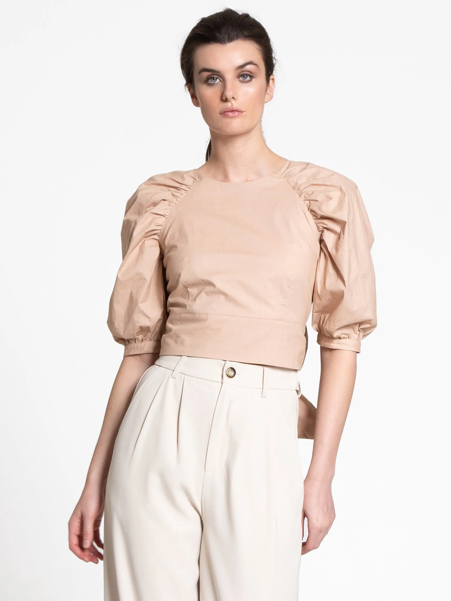 Puff-Sleeve Bow Tie Poplin Top - Do+Be - Image 7