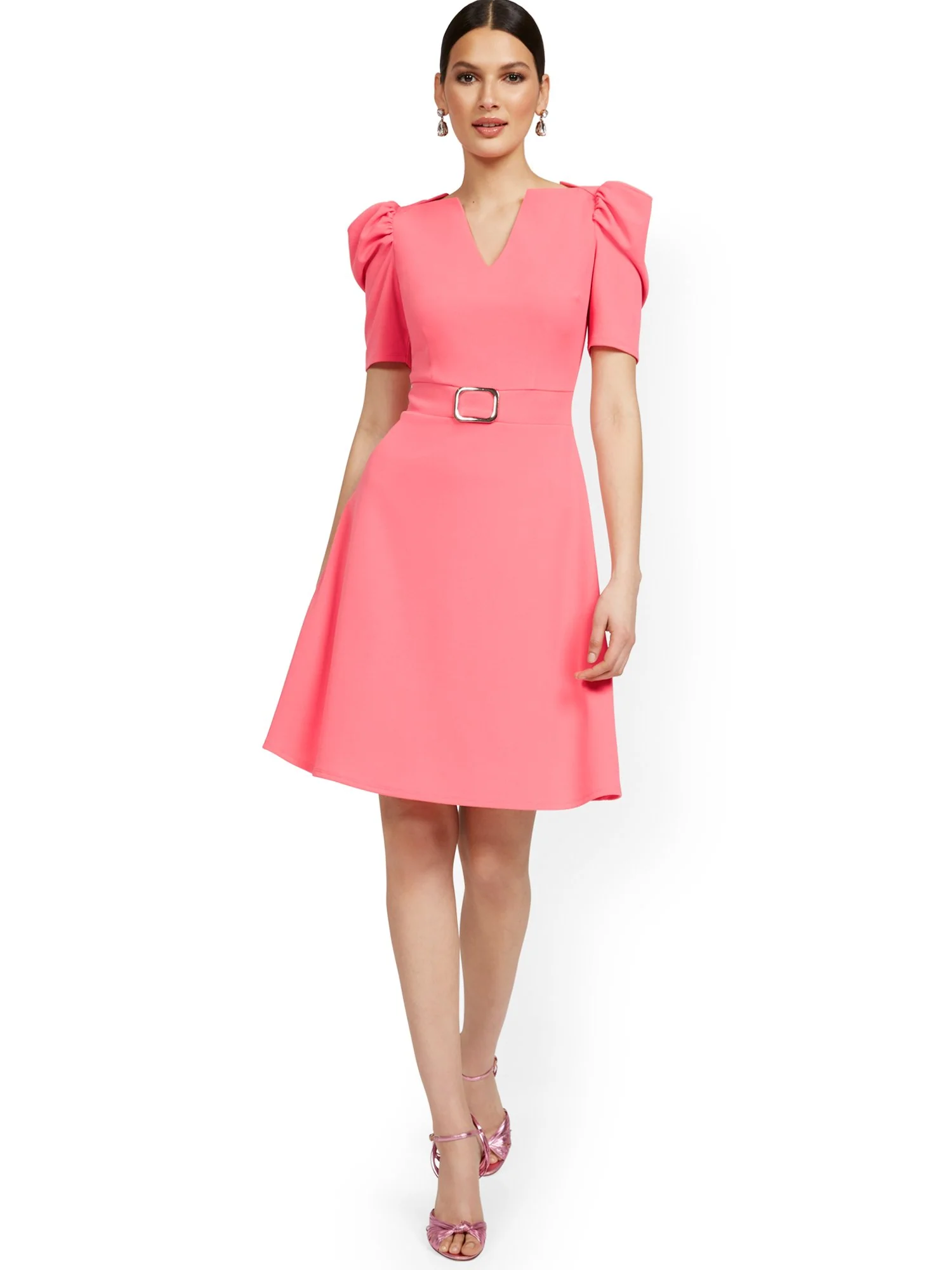 Puff-Sleeve Buckle Flare Dress - Magic Crepe® - Image 9