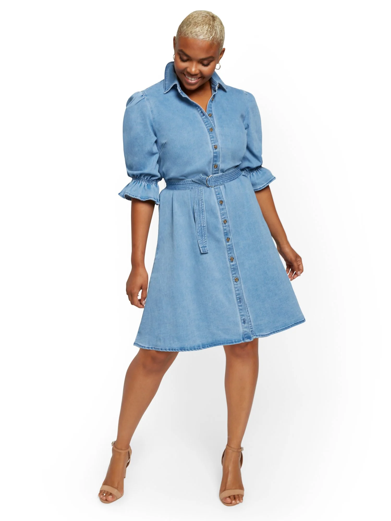 Puff-Sleeve Denim Shirtdress - Image 2