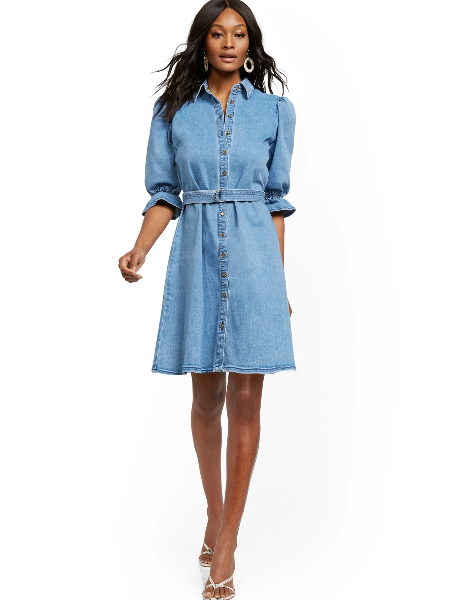 Puff-Sleeve Denim Shirtdress - Image 4