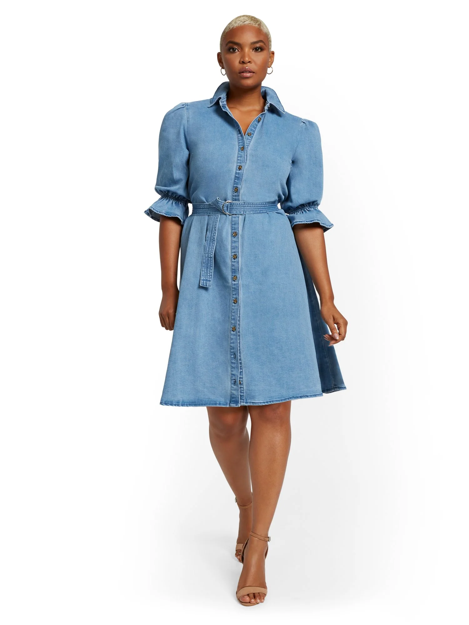 Puff-Sleeve Denim Shirtdress - Image 5