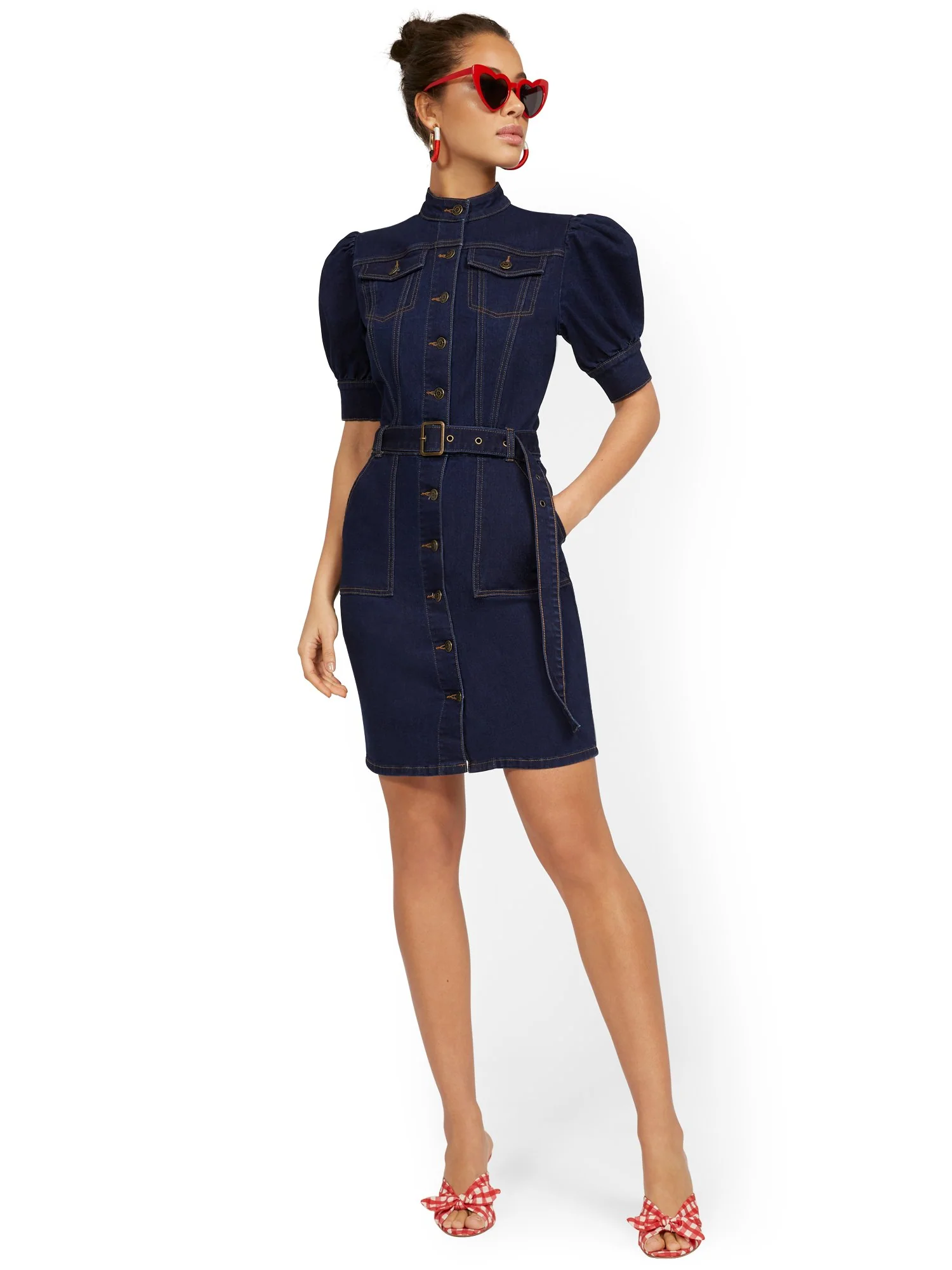 Puff-Sleeve Denim Utility Dress