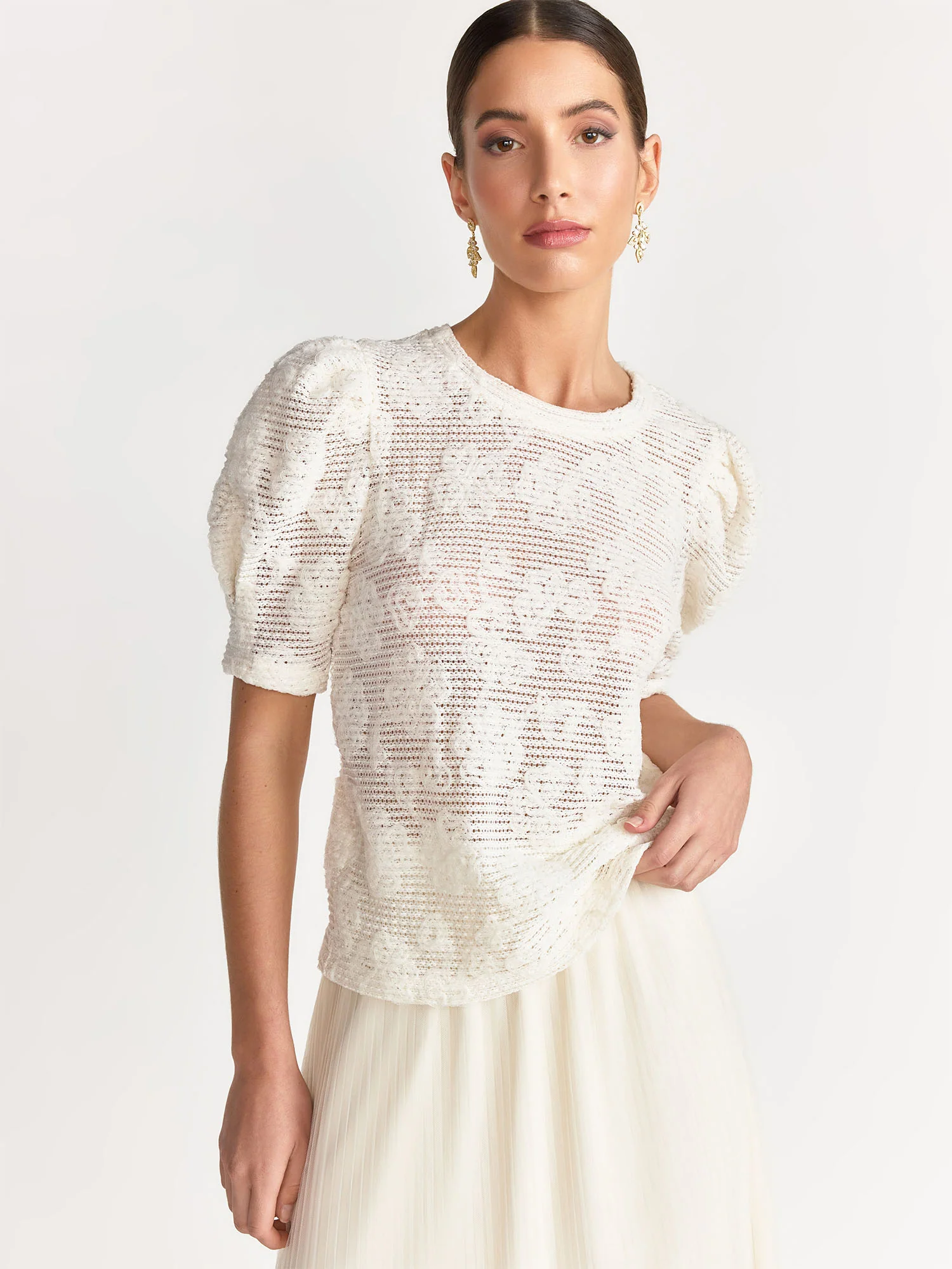 English Factory Puff-Sleeve Open Knit Woven Top - Brands We Love