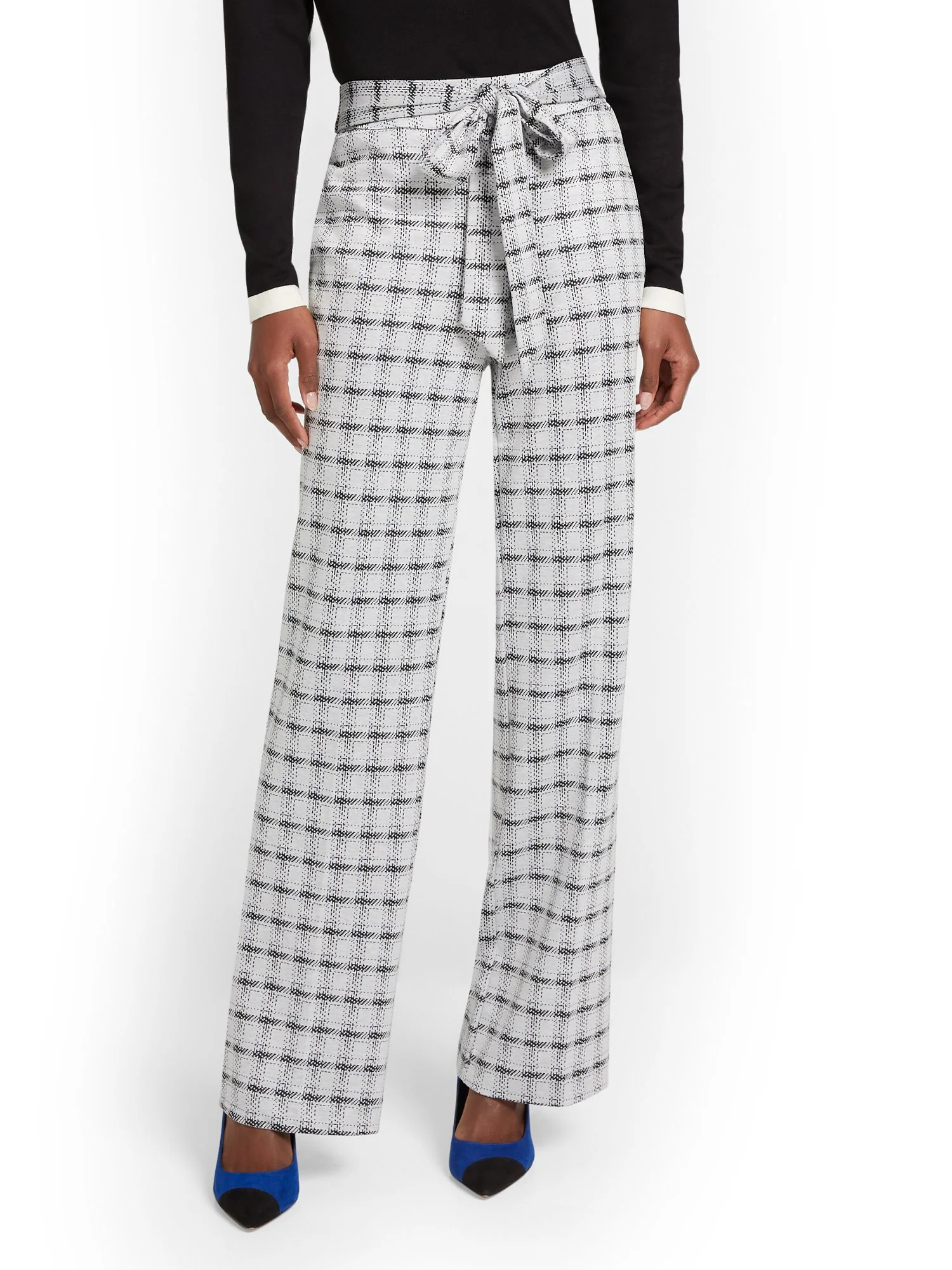Pull-On Check-Print Tie-Waist Palazzo Ponte Pant - Superflex - Image 2