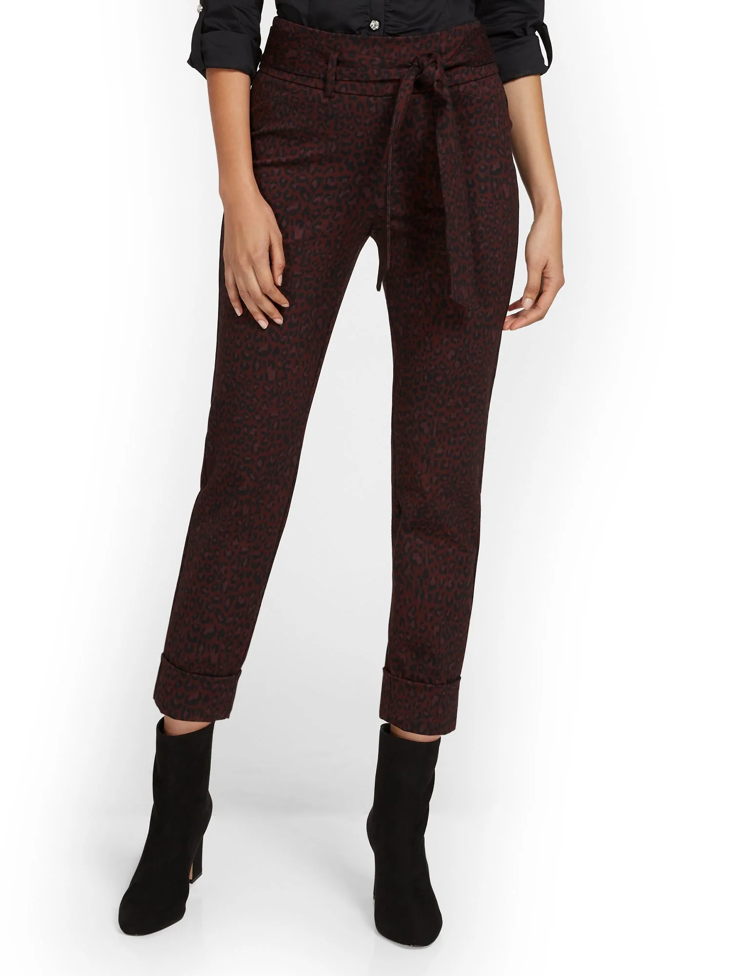 Pull-On Leopard-Print Belted Straight-Leg Ankle Ponte Pant - Superflex