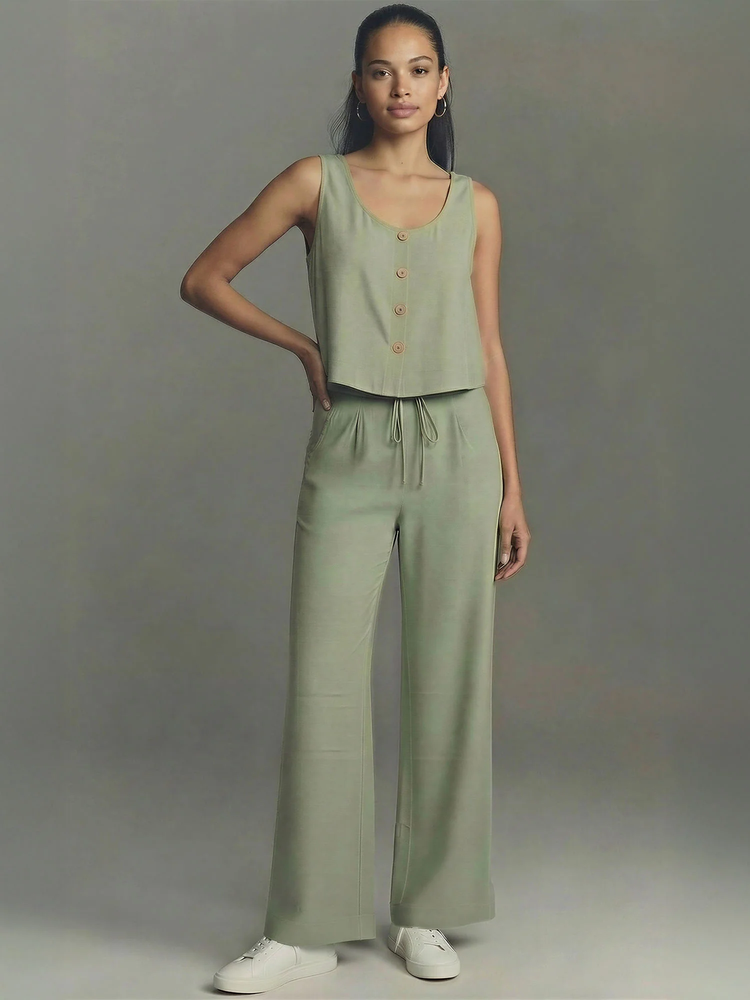 Pull On Linen Pleated Front Wide Leg Pant