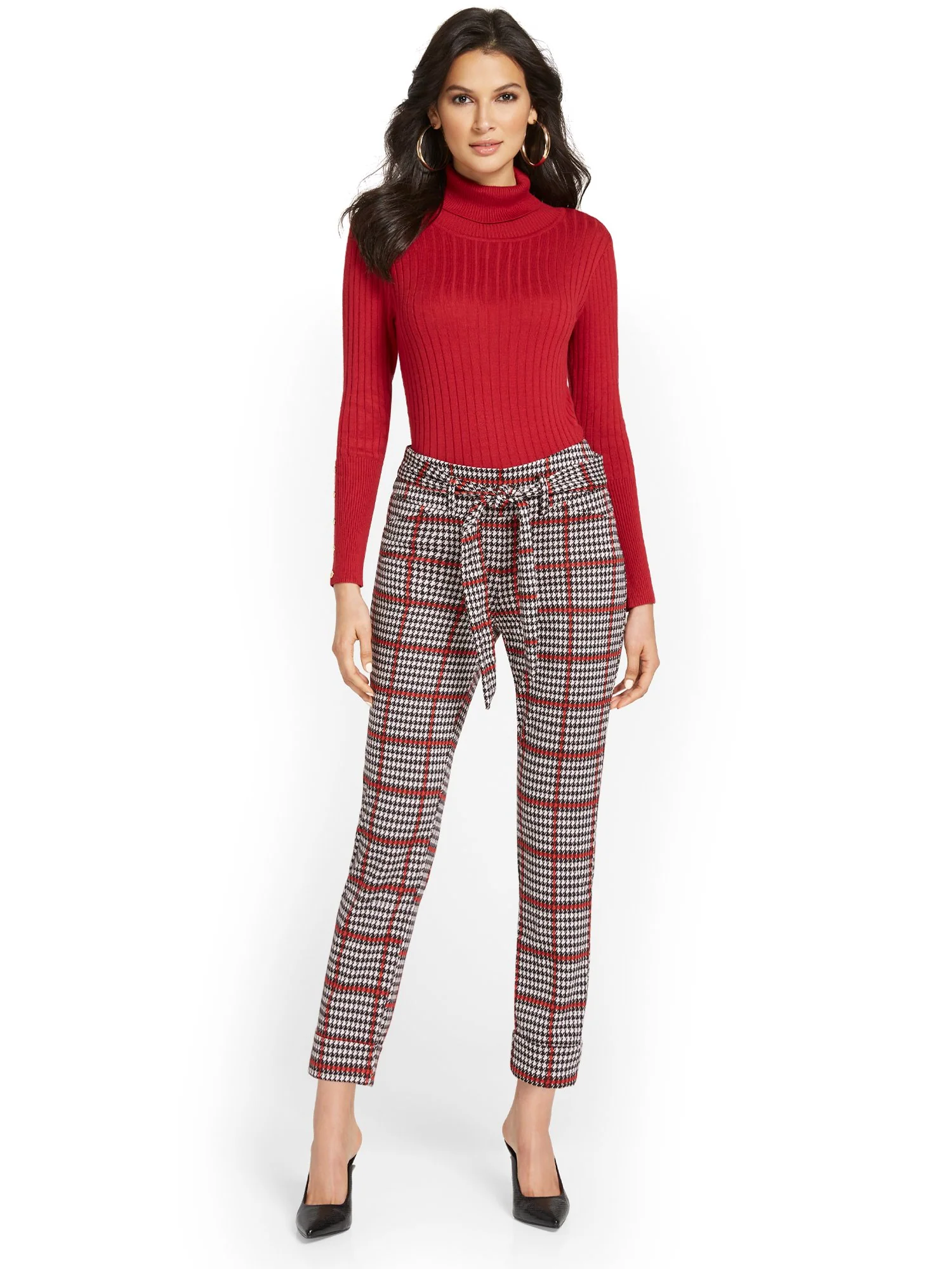Pull-On Plaid Belted Straight-Leg Ankle Ponte Pant - Superflex - Image 4