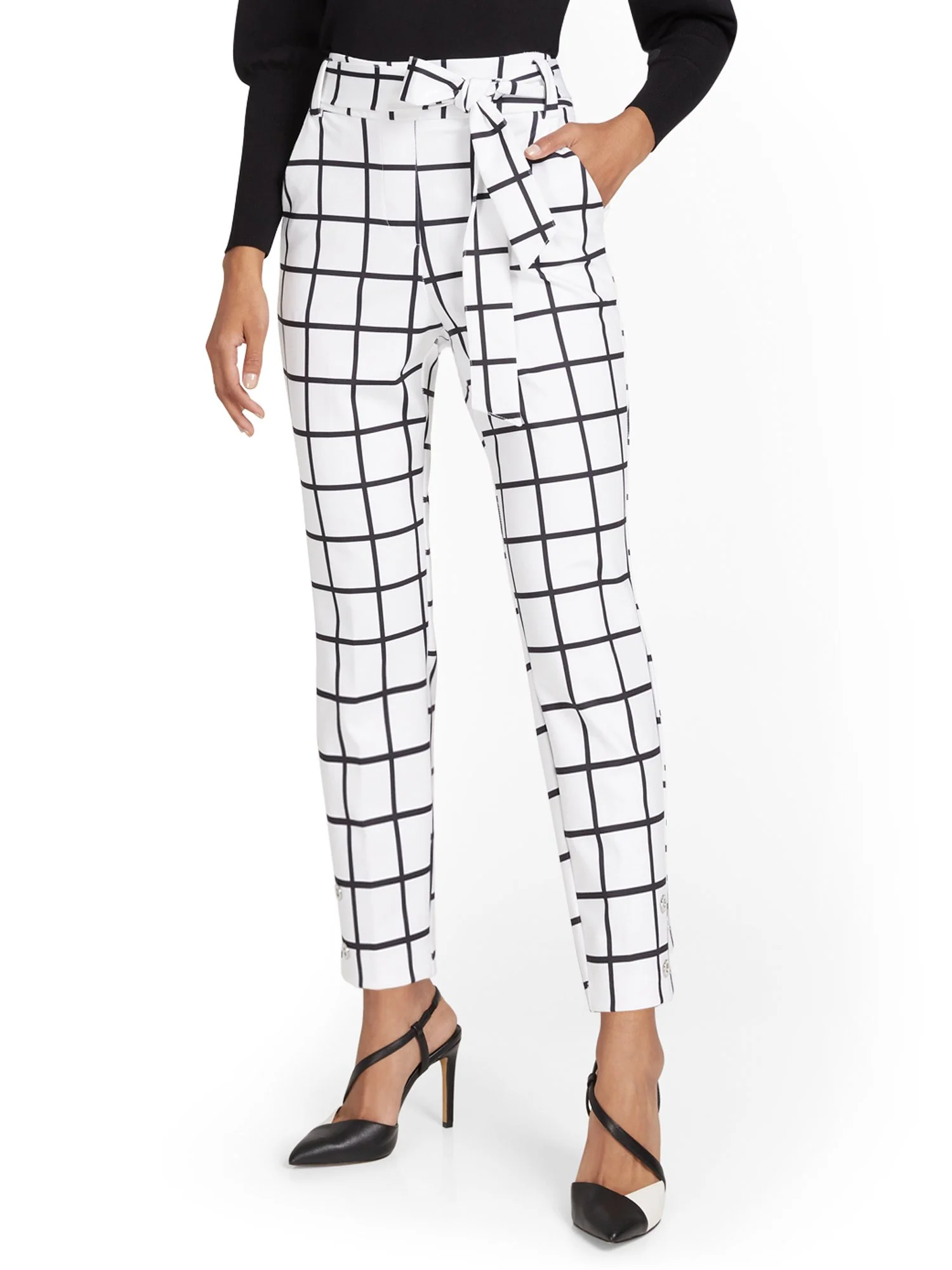 Pull-On Windowpane-Print Belted Ankle Ponte Pant - Superflex - Image 2