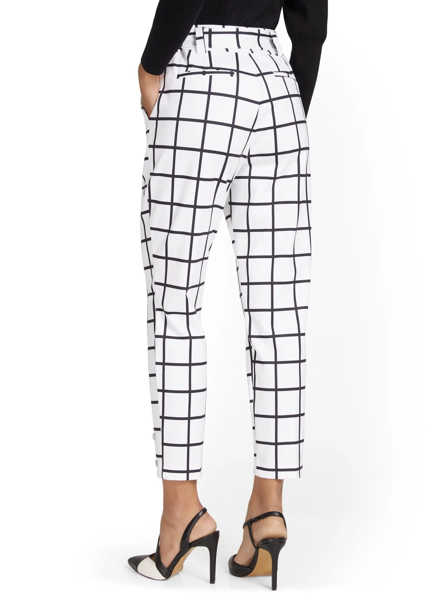 Pull-On Windowpane-Print Belted Ankle Ponte Pant - Superflex - Image 3