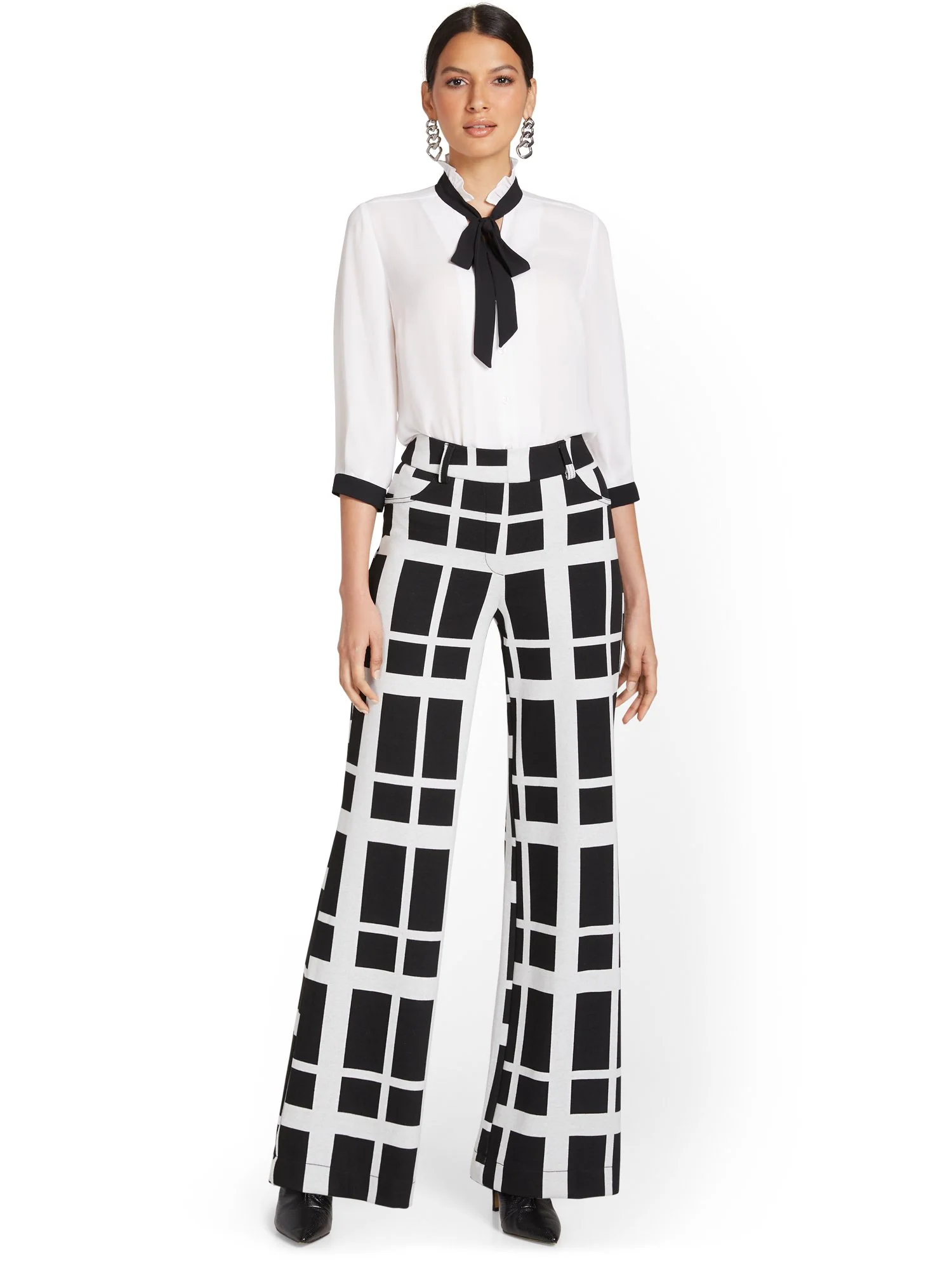 Pull-On Windowpane-Print Wide-Leg Ponte Pant - Superflex - Image 4