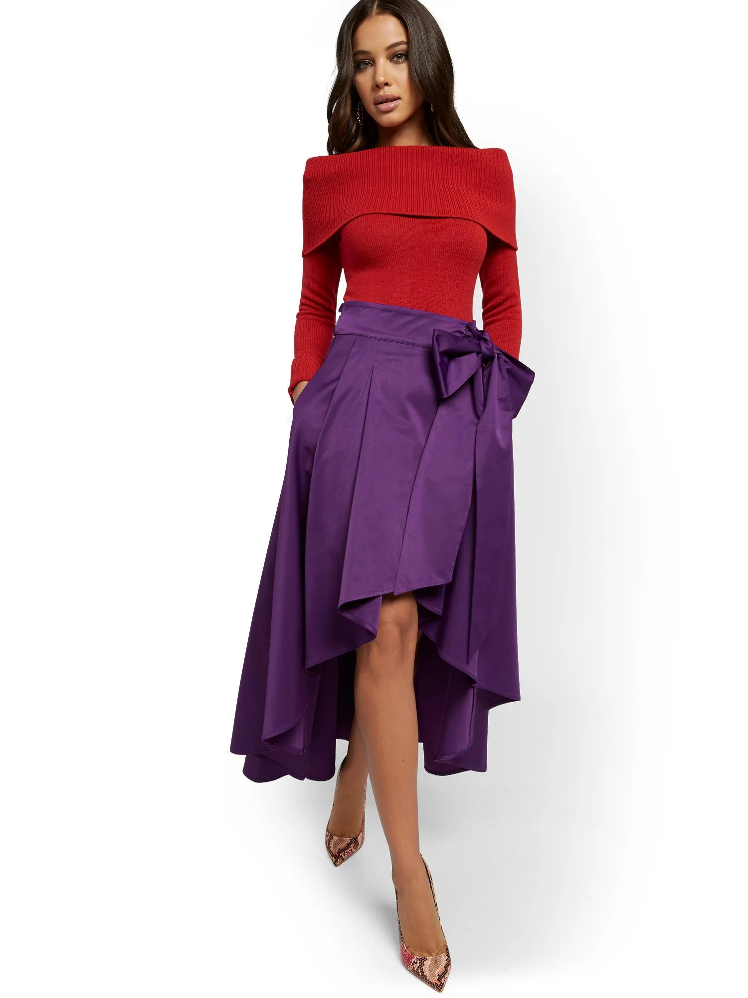 Red One-Shoulder Cowl-Neck Sweater - Image 4