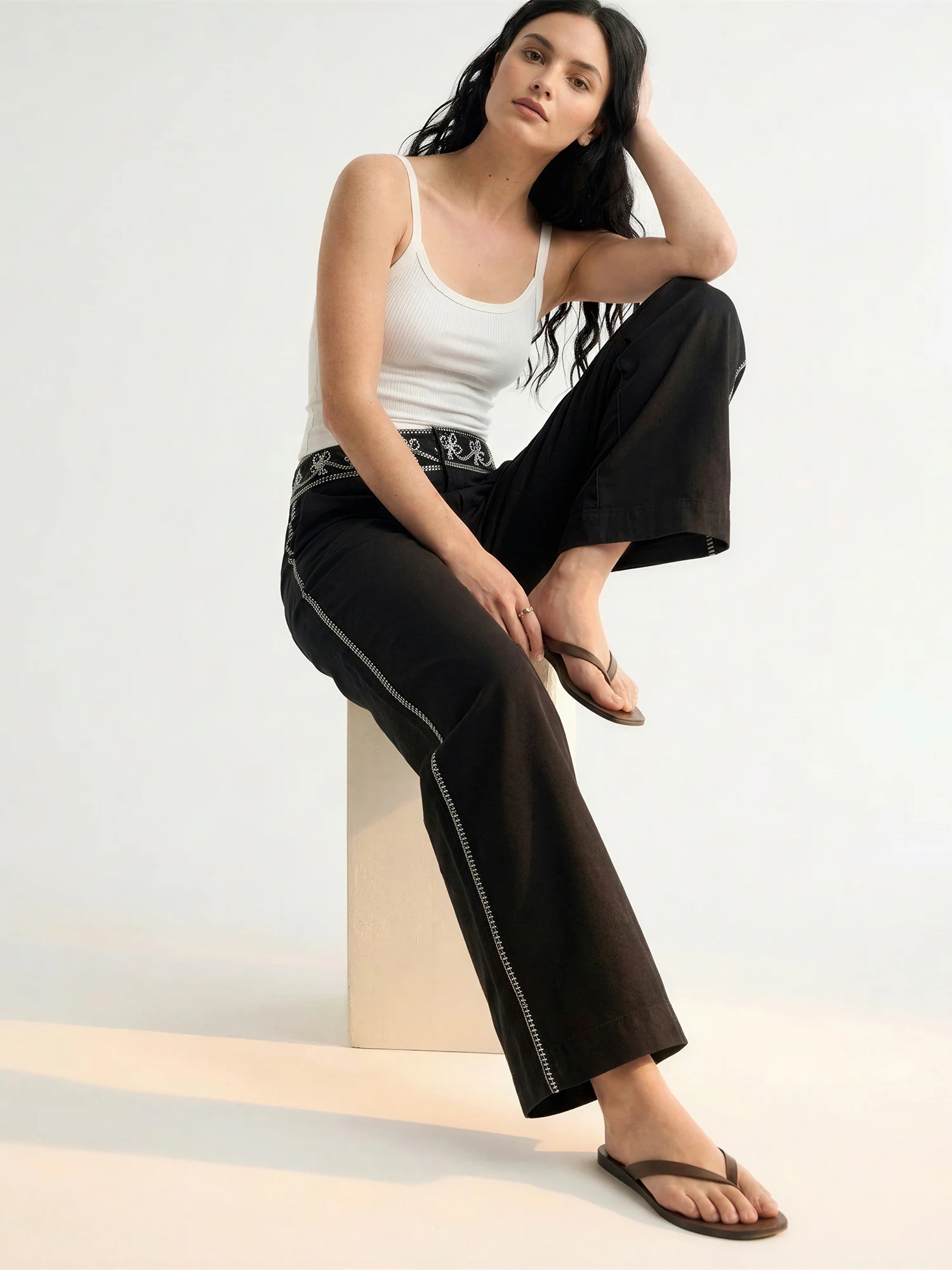Remi Waistband Embroidery Wide Leg Pants - Image 2