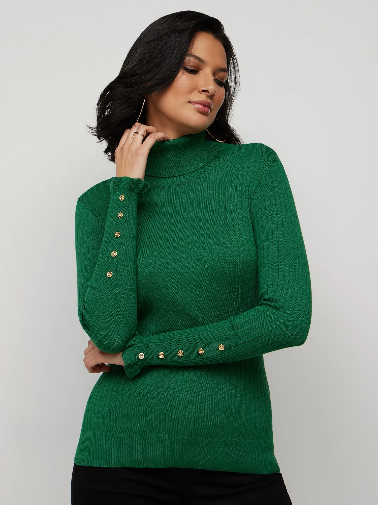 Ribbed Button-Sleeve Turtleneck Sweater - Image 15