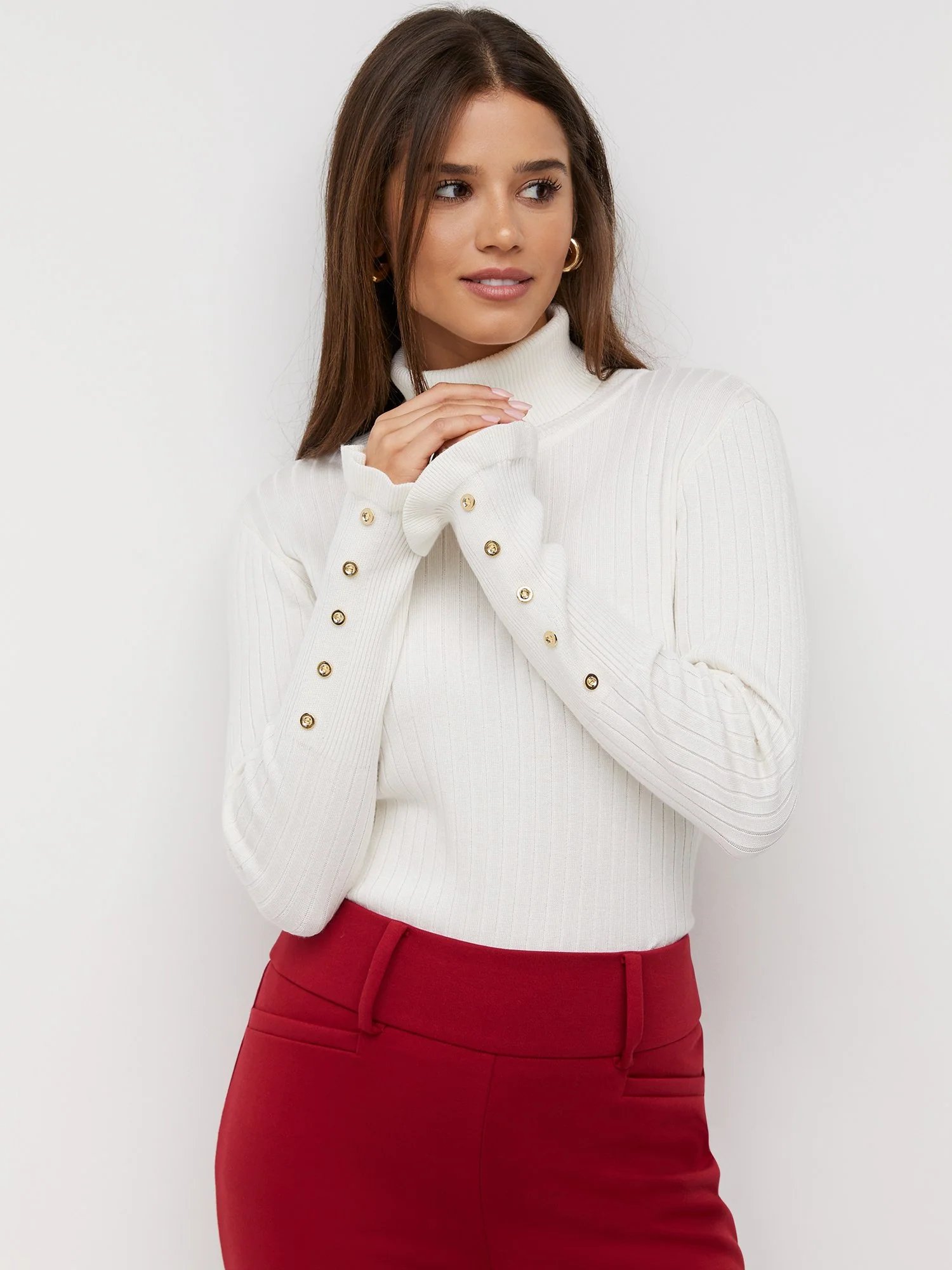 Ribbed Button-Sleeve Turtleneck Sweater - Image 32
