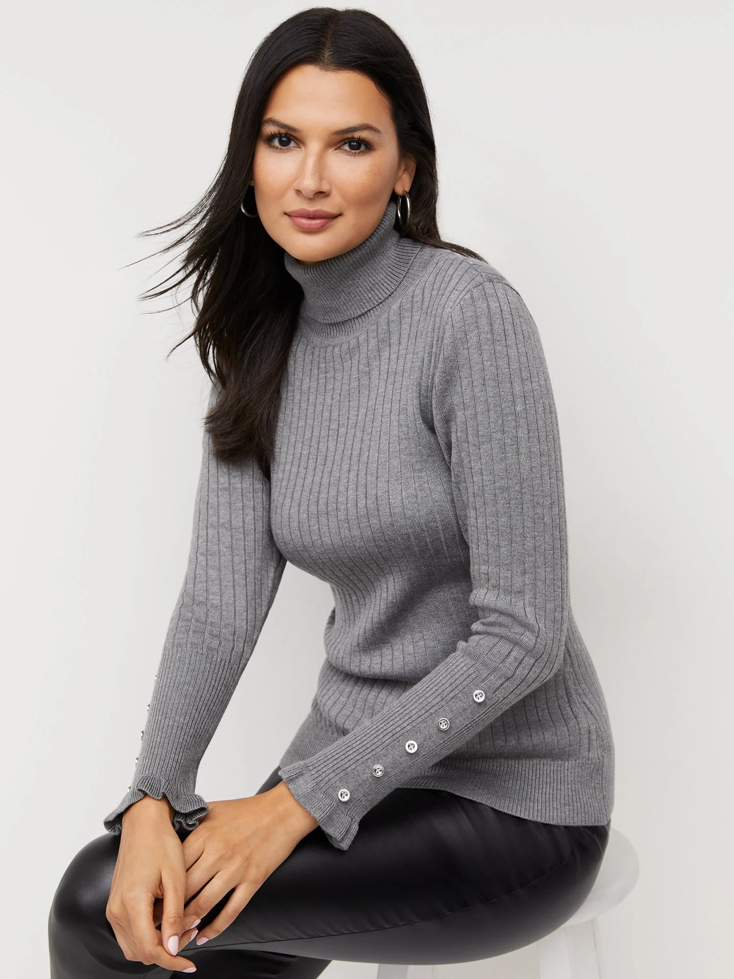 Ribbed Button-Sleeve Turtleneck Sweater - Image 7