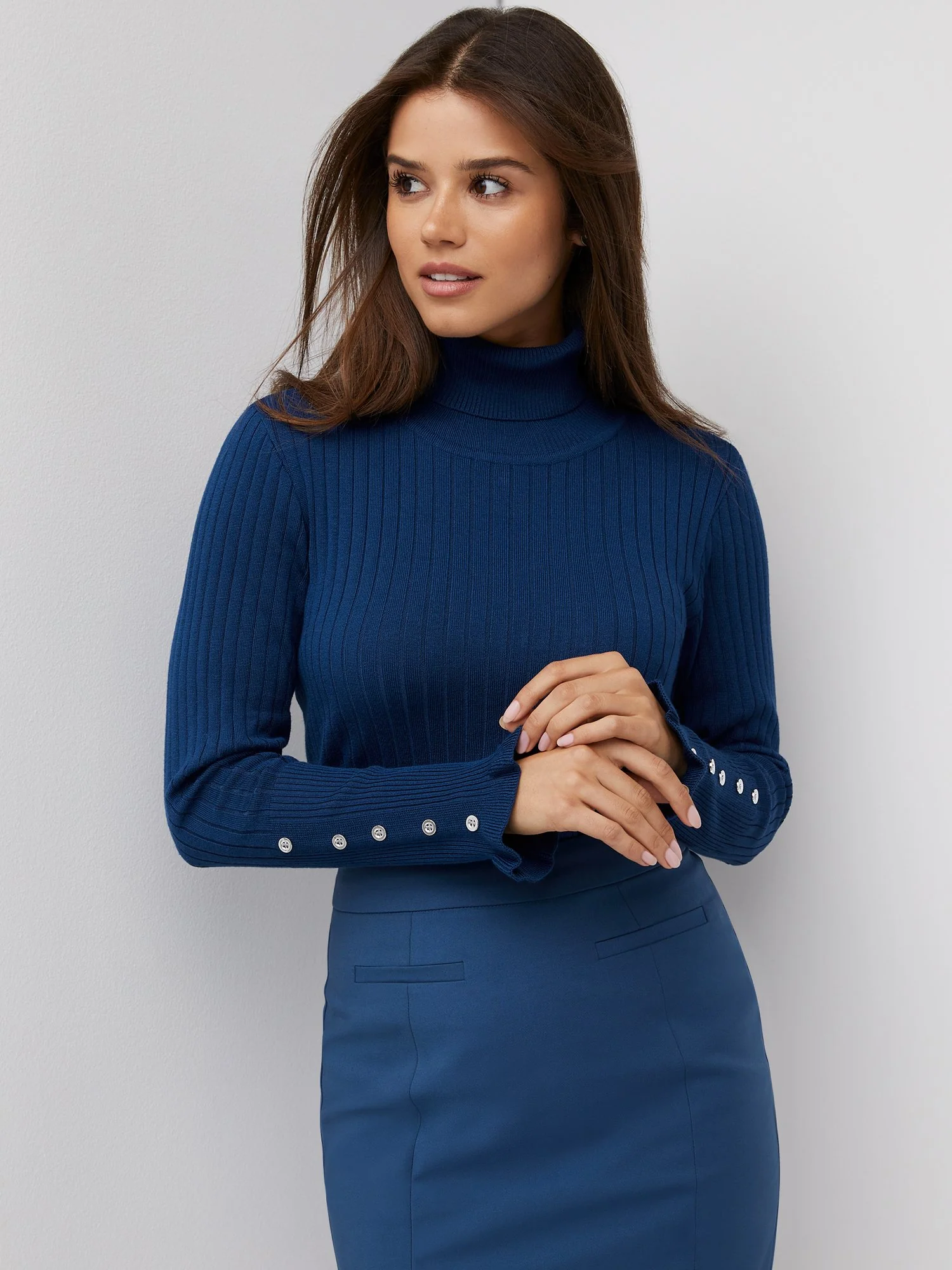 Ribbed Button-Sleeve Turtleneck Sweater - Image 9