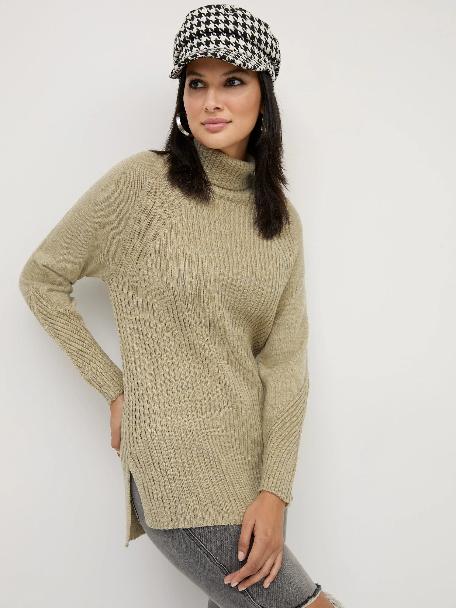 Ribbed High-Low Turtleneck Tunic Sweater