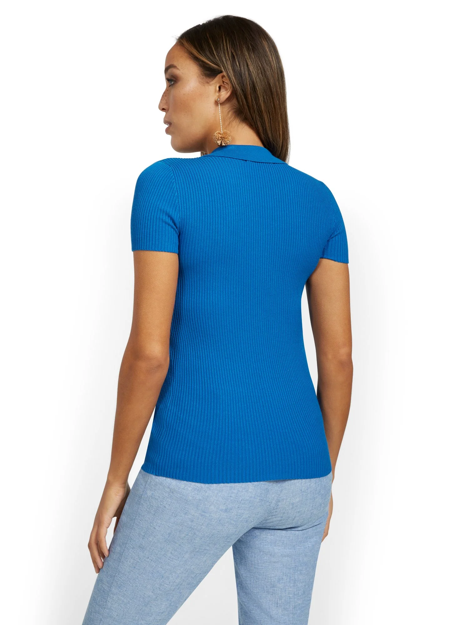 Ribbed Short-Sleeve V-Neck Polo Sweater - Image 9