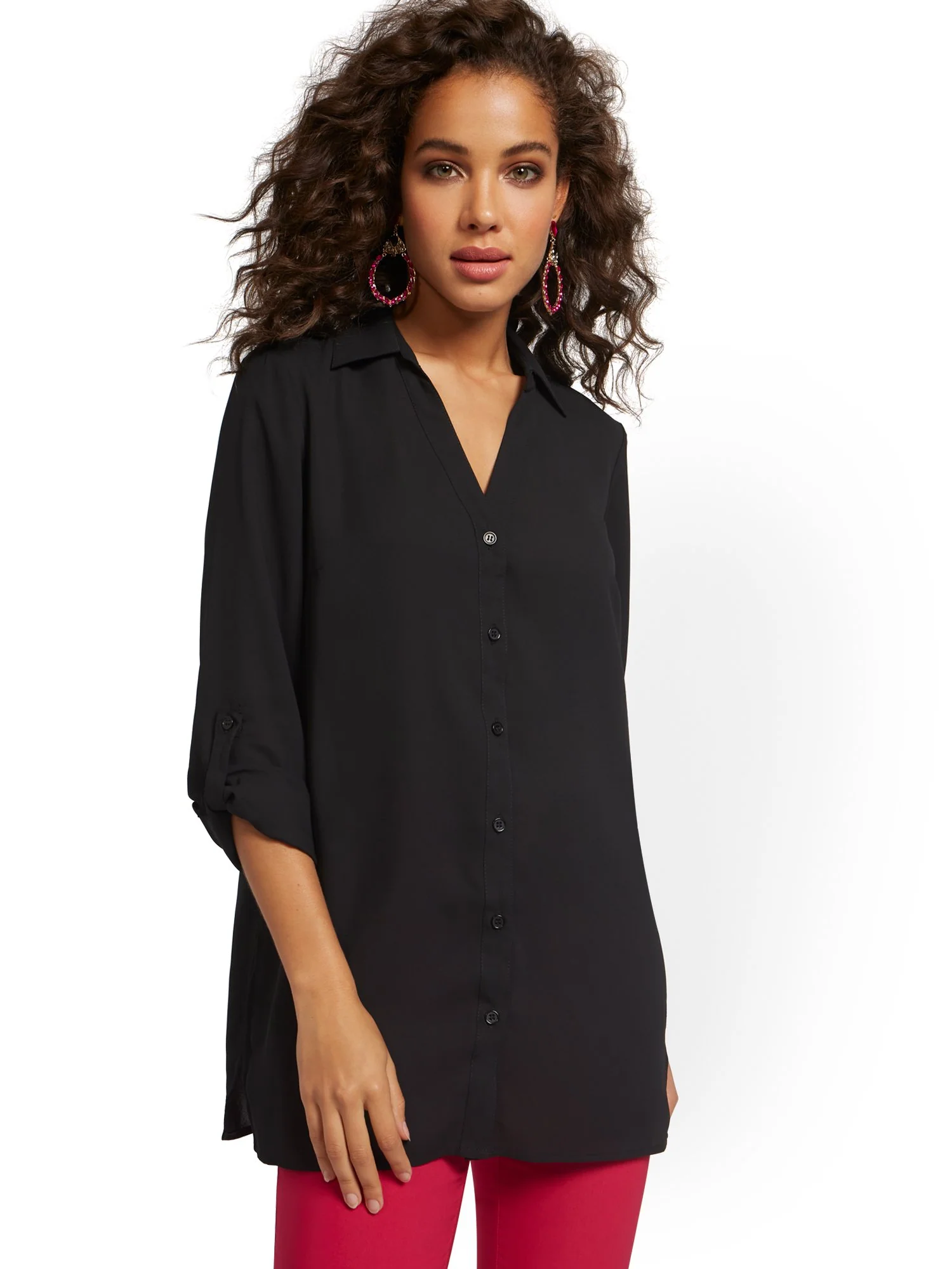 Roll Tab Button-Down Tunic Blouse - Image 2