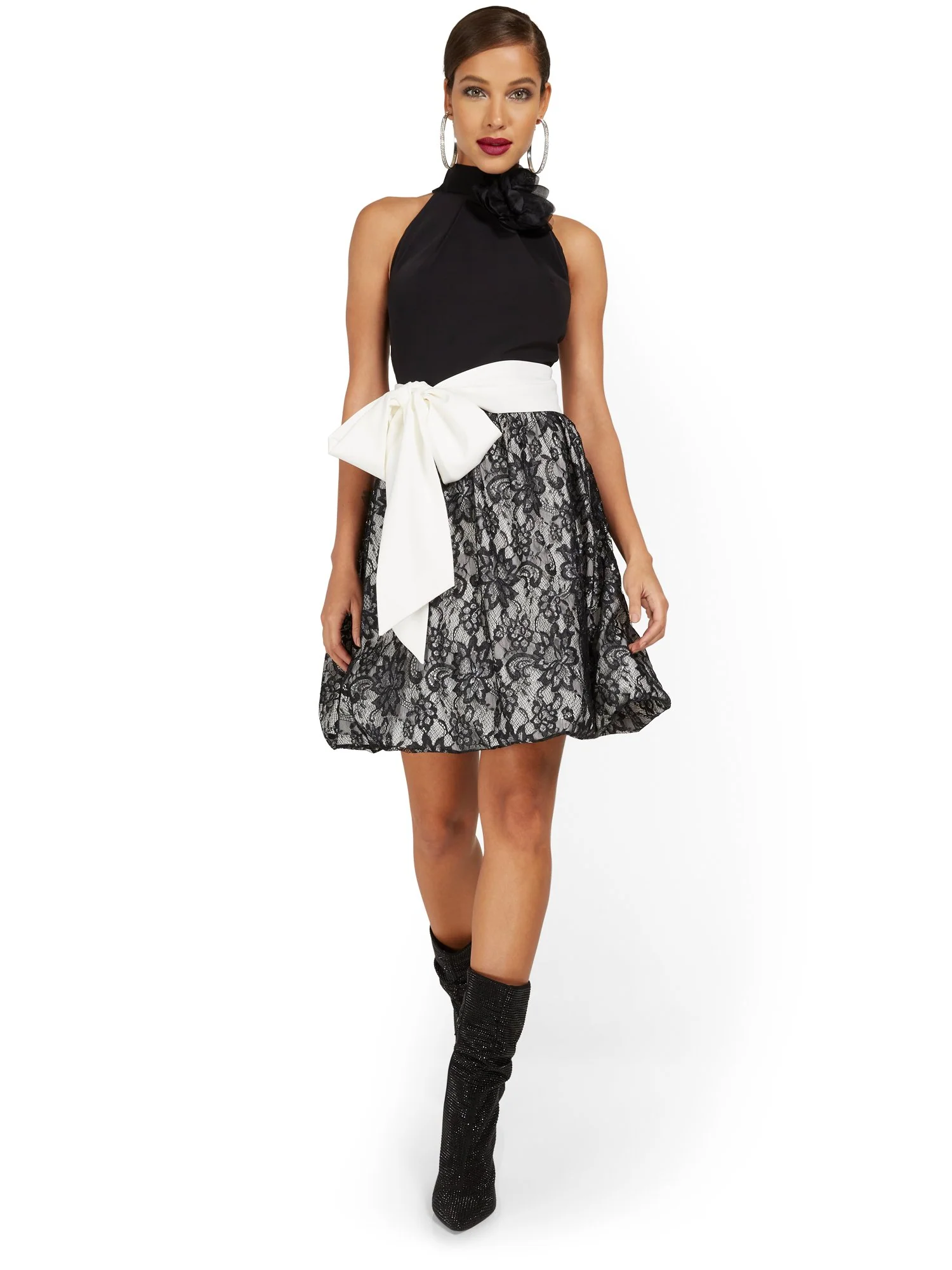 Rose Lace Belted Bubble Dress
