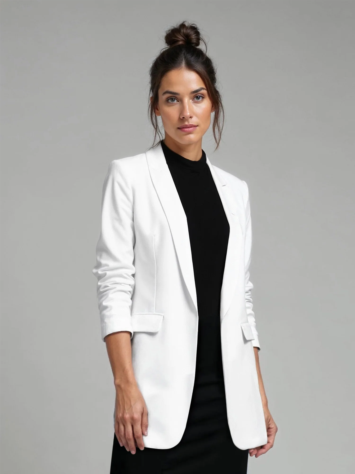 Rouched Sleeves Single Button Blazer - Image 19