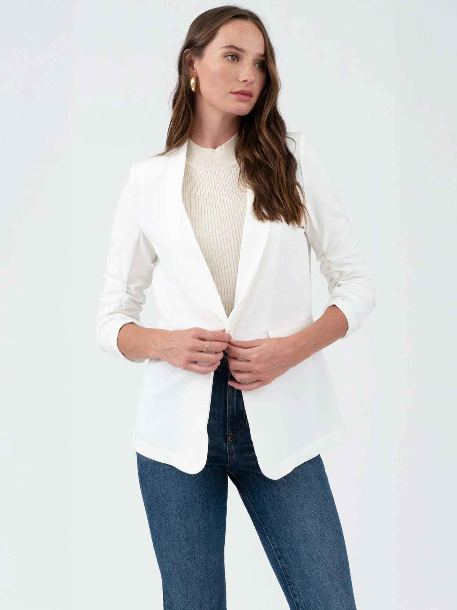 Rouched Sleeves Single Button Blazer - Image 20
