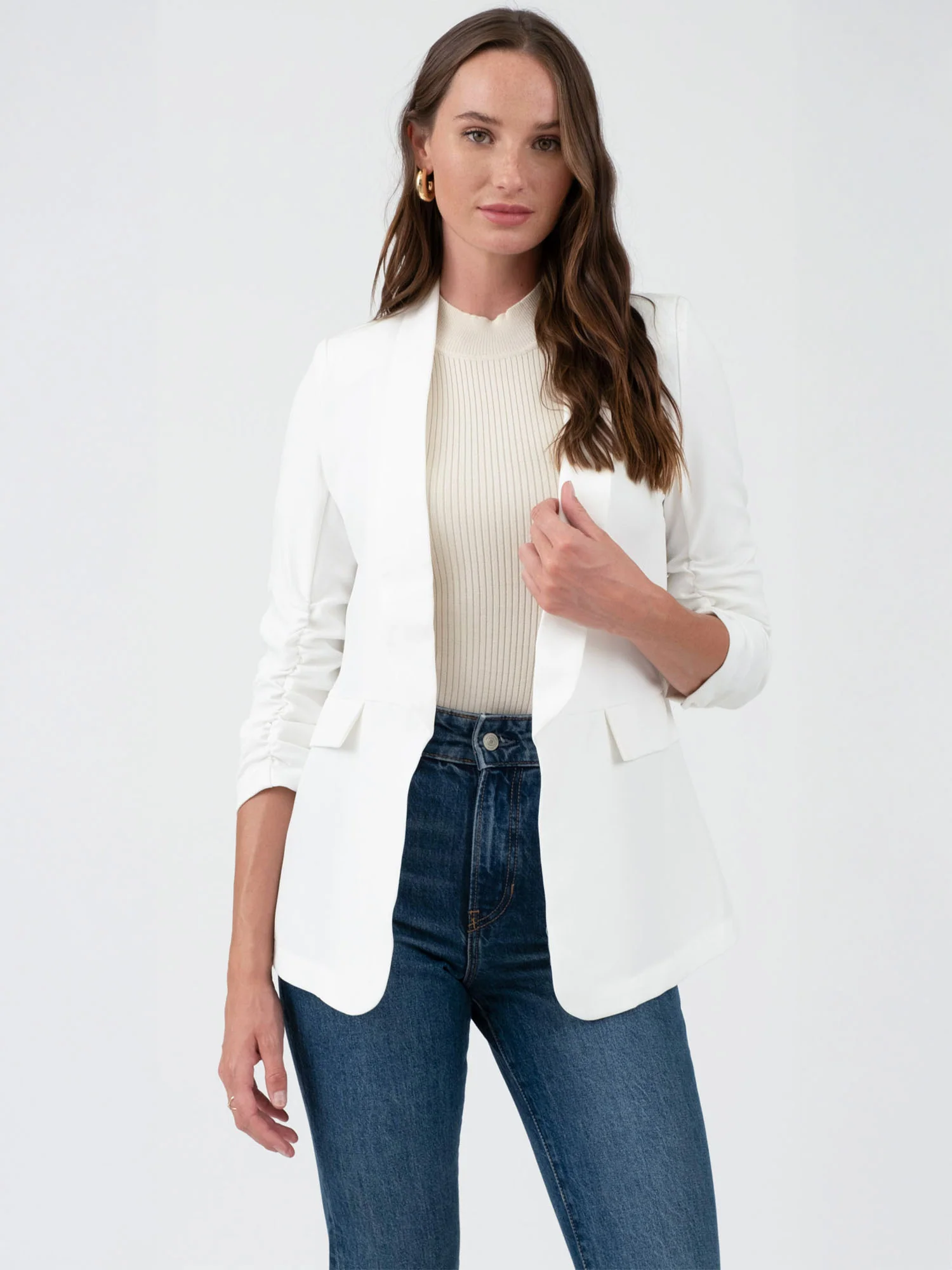 Rouched Sleeves Single Button Blazer - Image 23