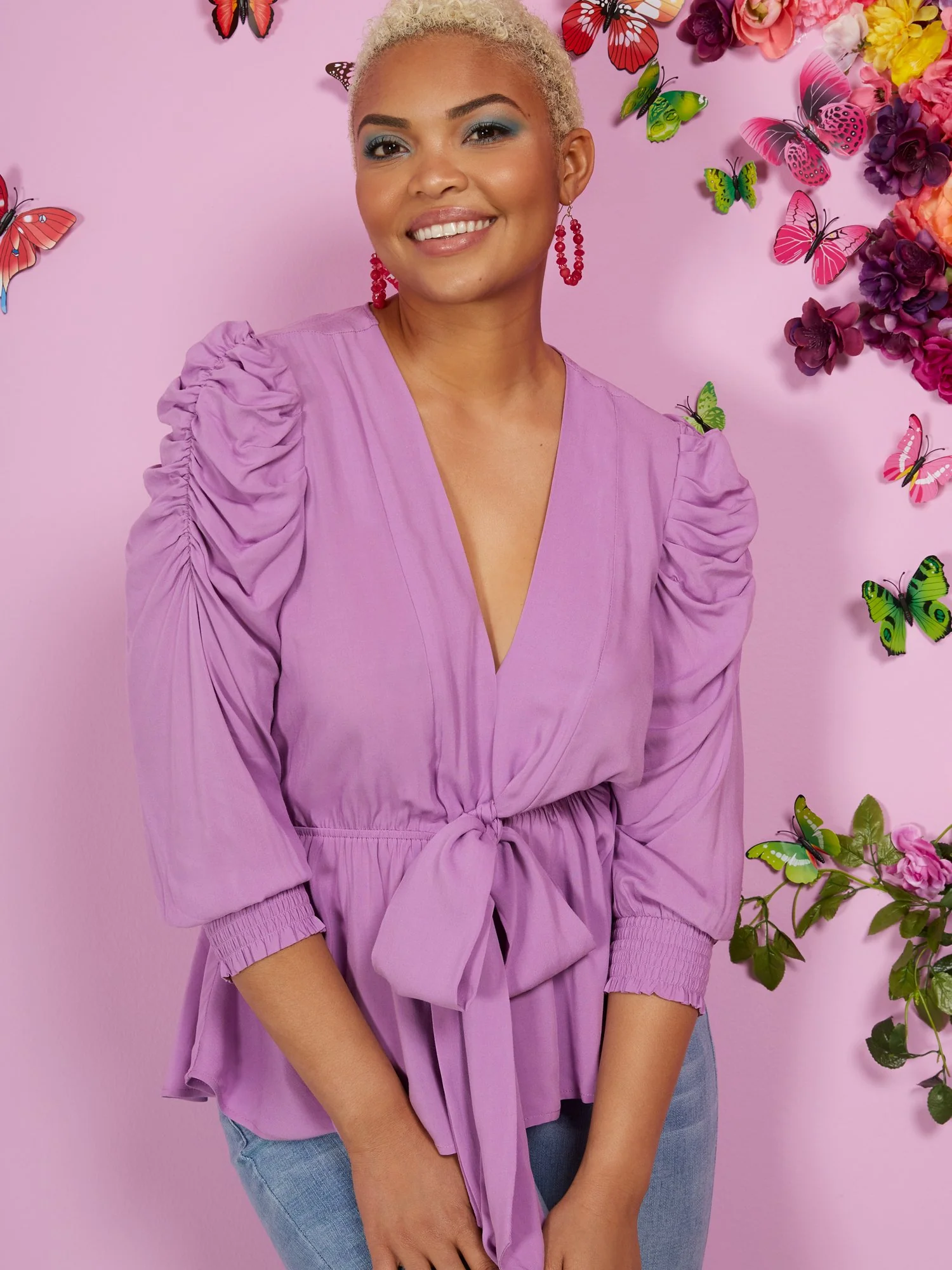 Ruche-Sleeve Drapey Tie-Front Top - Image 5