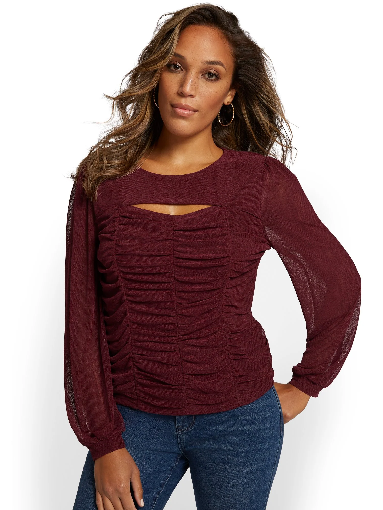 Ruched Puff-Sleeve Mesh Top - Image 4