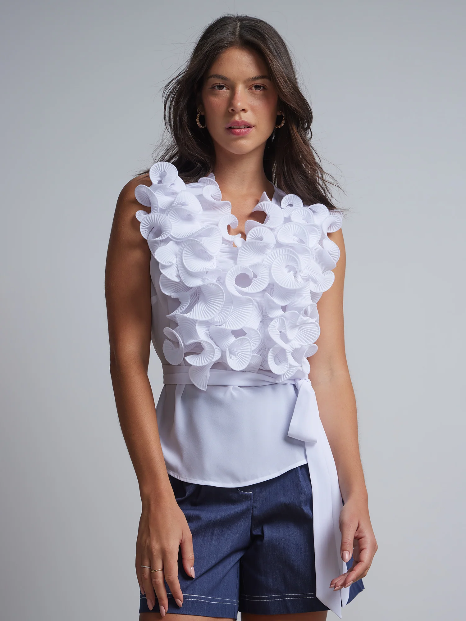 Ruffle-Front Tie-Waist Blouse