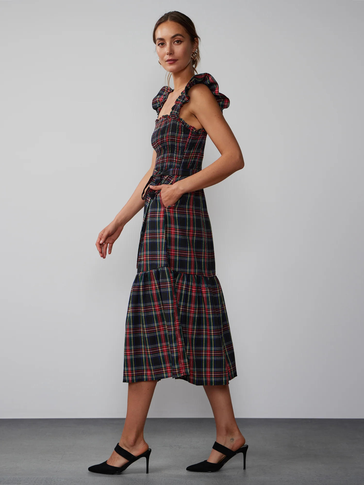 Ruffle Sleeve Tartan Smocked Dress - Image 2