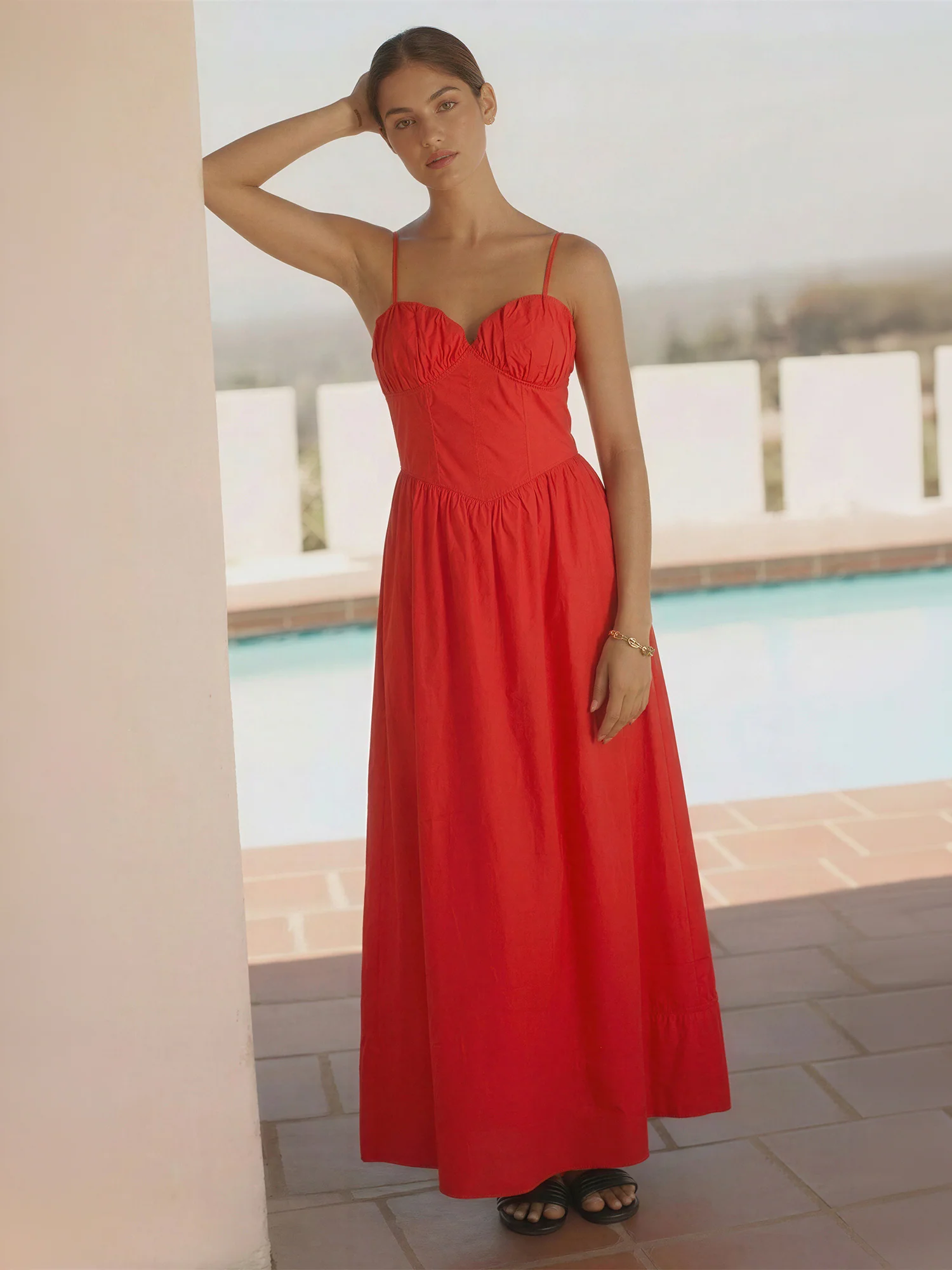 Ruffled Edge Spaghetti Strap A-Line Maxi Dress