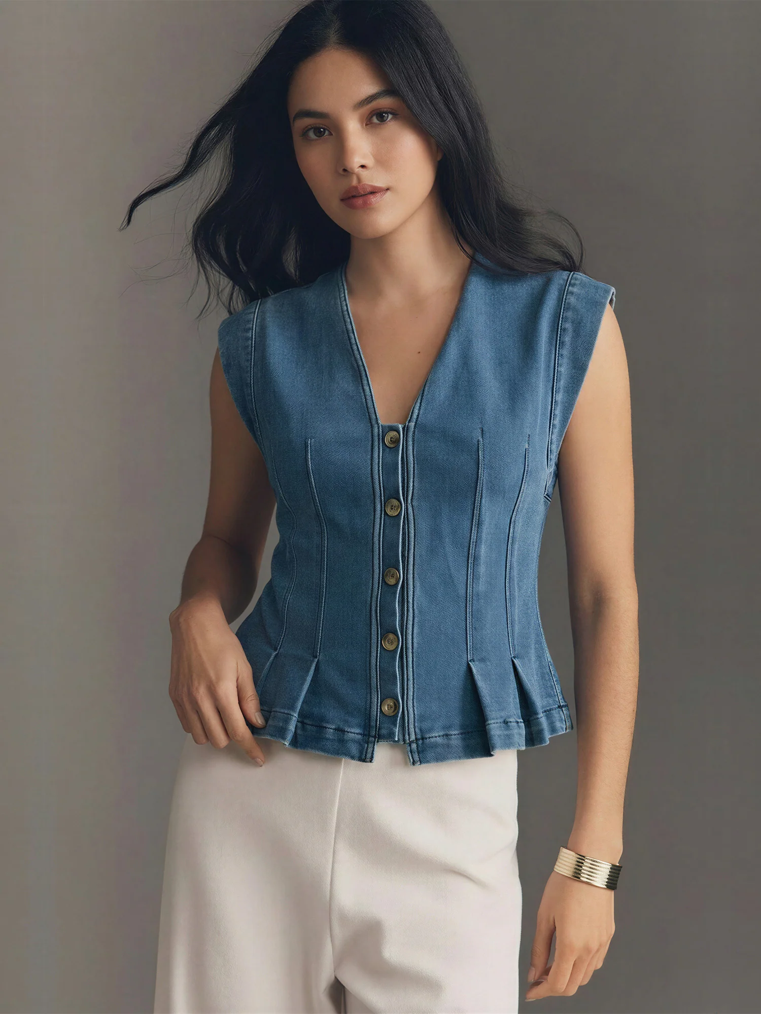 Sasha V Neck Hourglass Denim Vest Top - Image 2