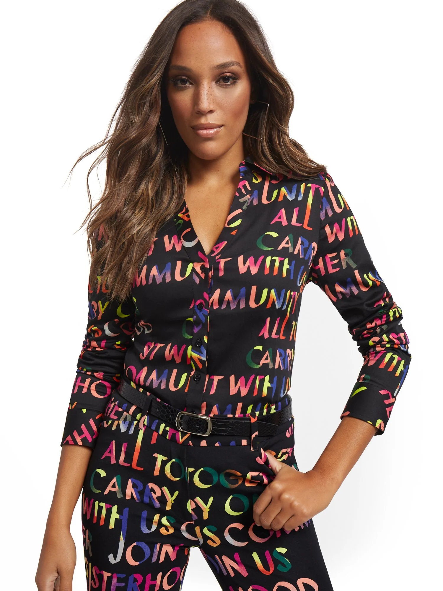 Script-Print Ruched Madison Shirt - 7th Avenue