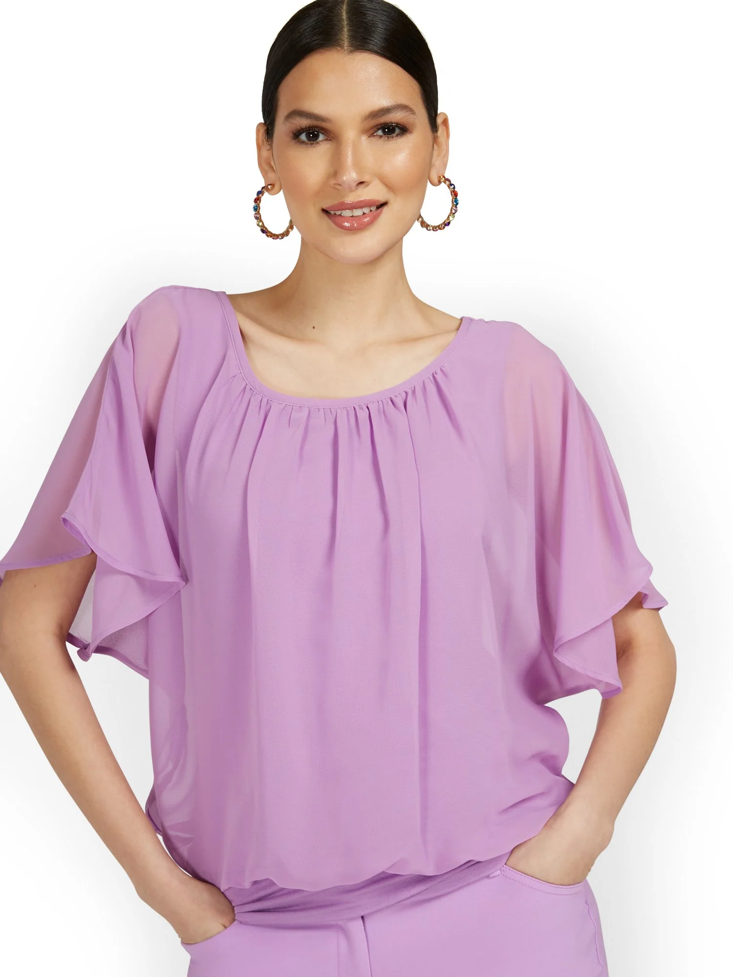 Semi-Sheer Flutter Dolman-Sleeve Top - Image 11